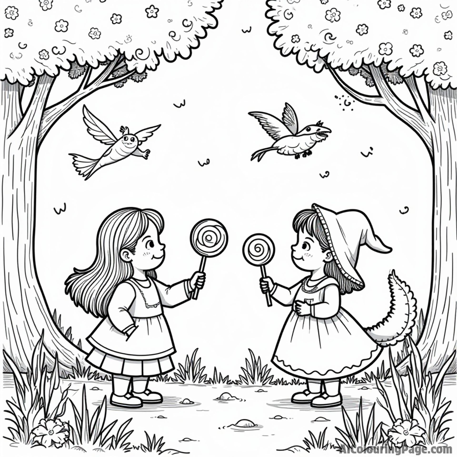 A magical storybook scene with characters holding lollipops, surrounded by enchanted trees, books flying, and a friendly dragon