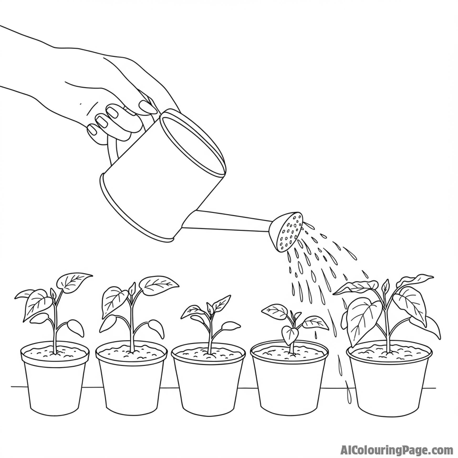 A hand gently watering a row of seedlings in small pots.