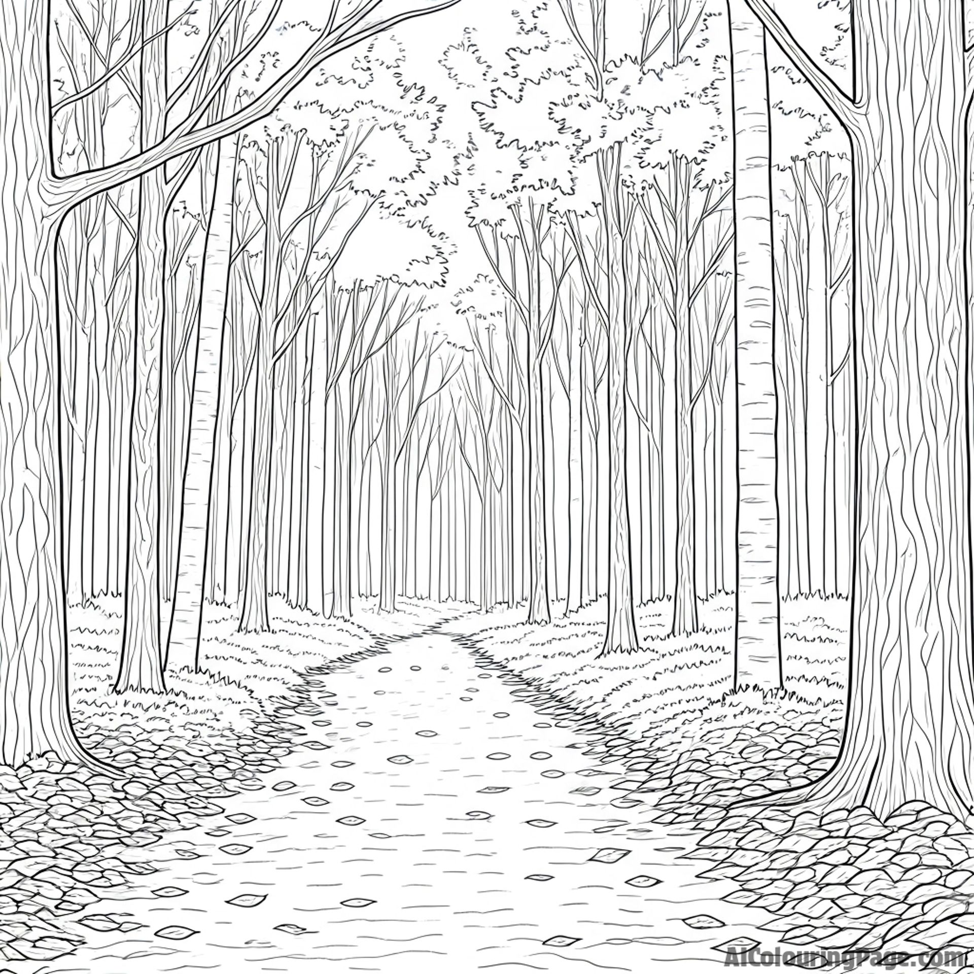Deciduous forest in autumn, fallen leaves, bare branches, crisp air.