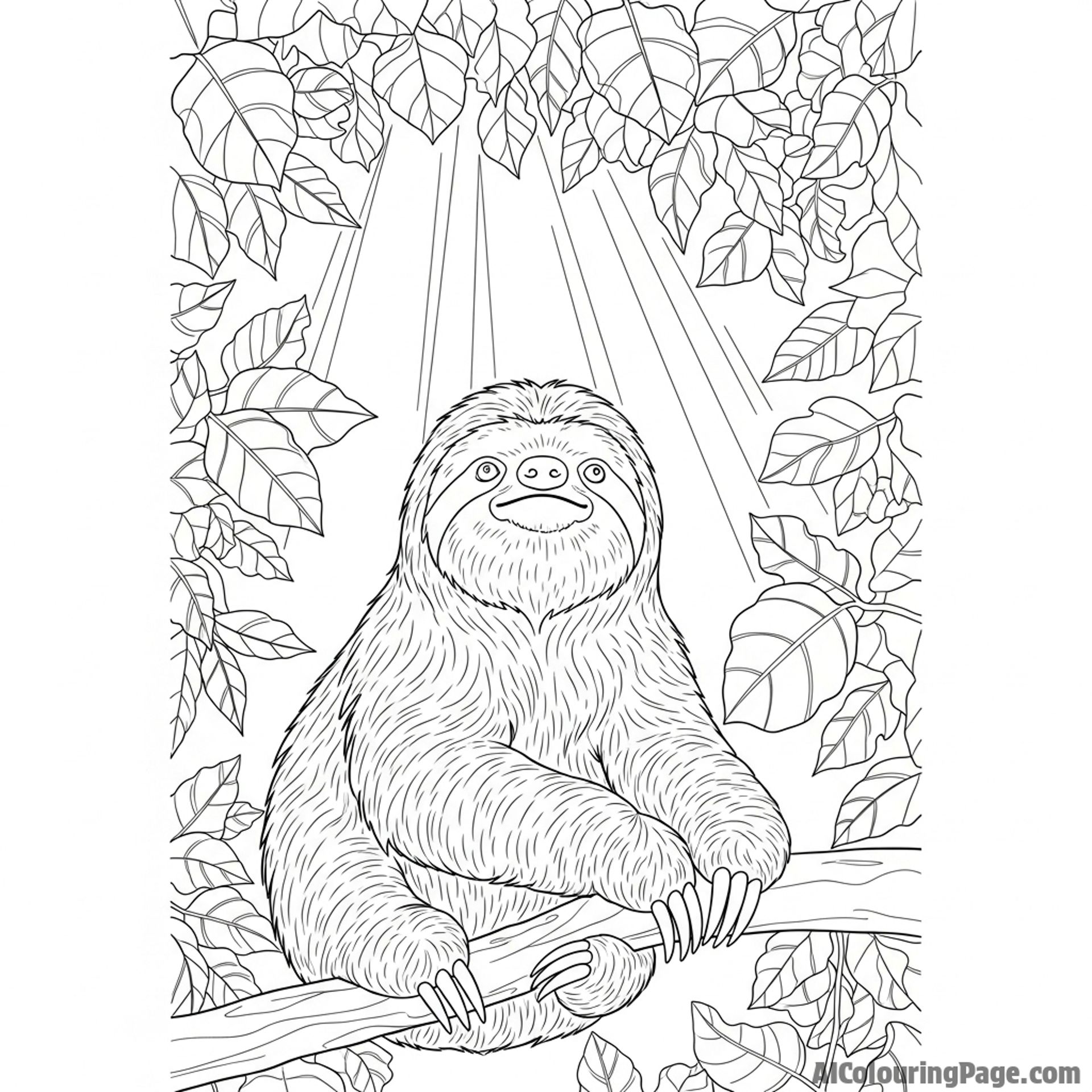 A sloth looking up at a canopy of leaves, with shafts of light filtering down.