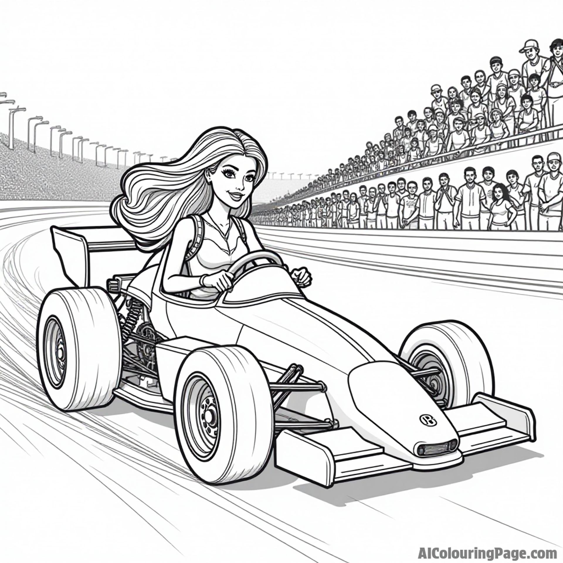 Barbie as a race car driver, zooming around a track in a colorful car, with cheering fans in the stands.