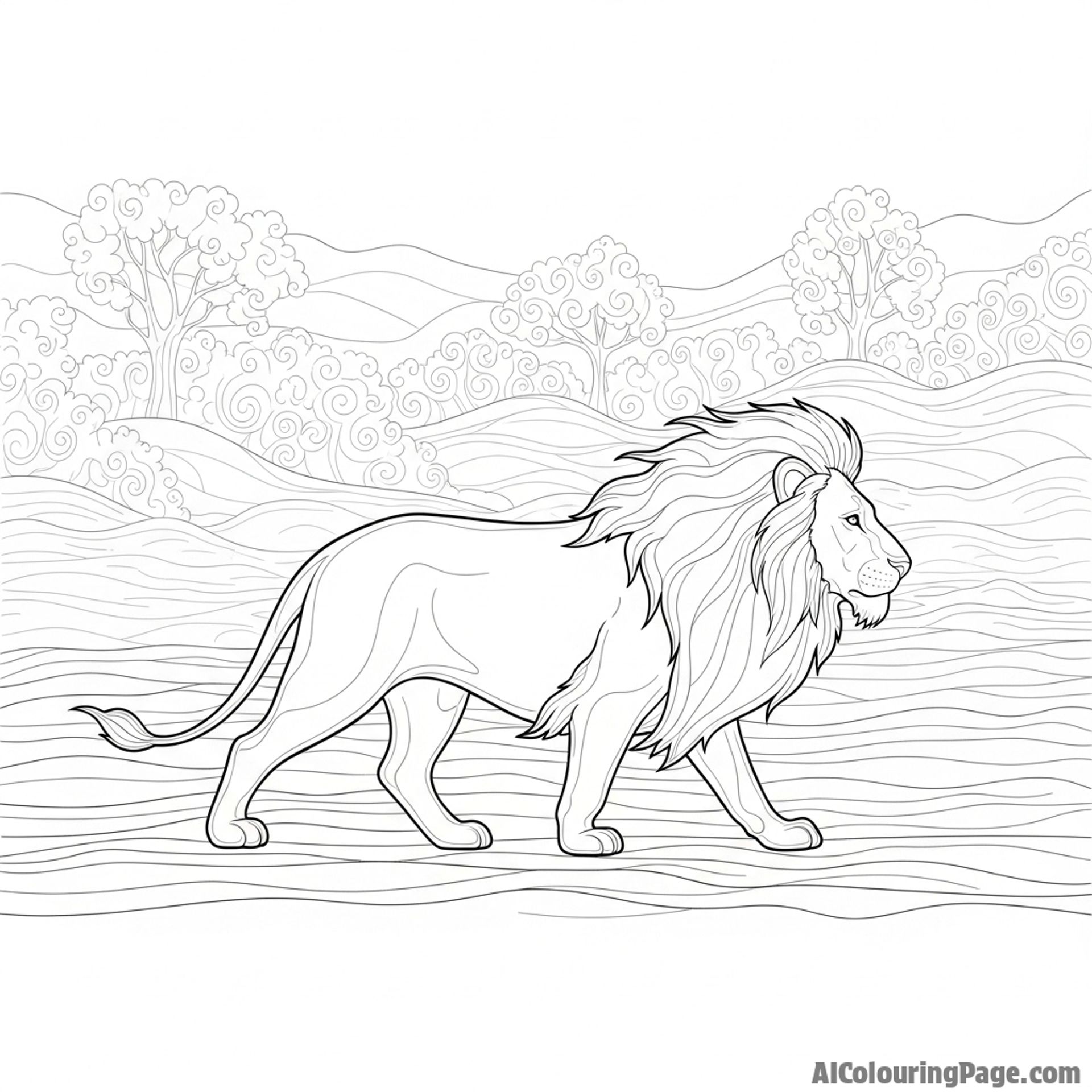 A spectral, ghost-like lion padding silently through a foggy landscape.
