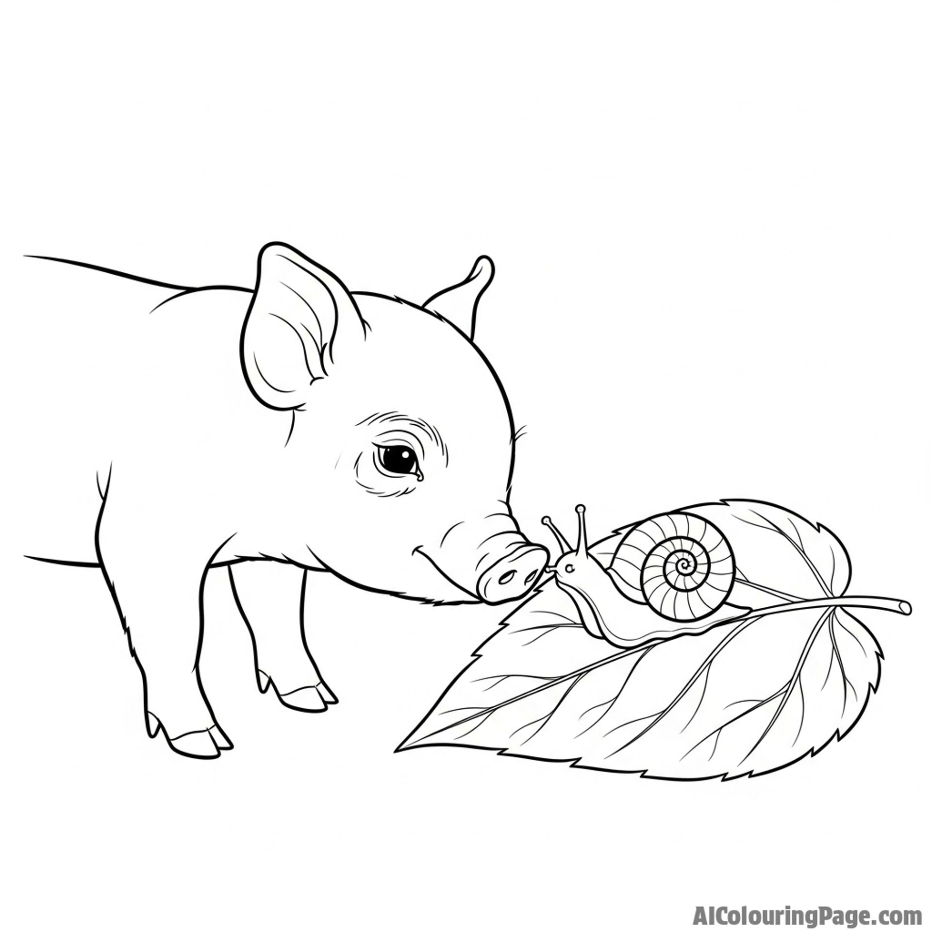 A piglet carefully sniffing a snail on a leaf.