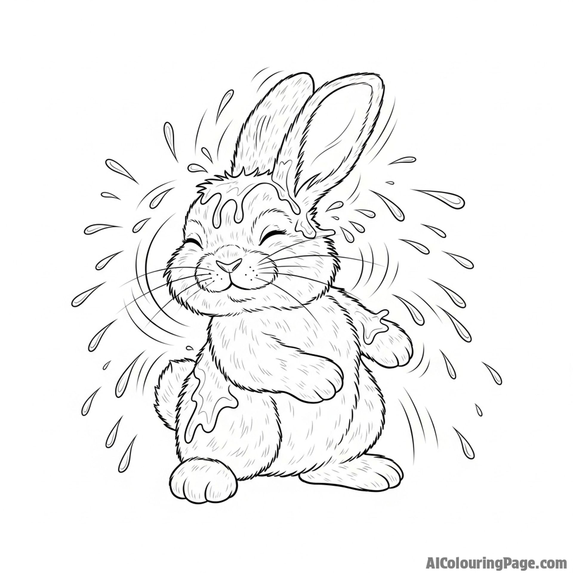 A fluffy bunny shaking itself dry after a light rain, water droplets flying in all directions.