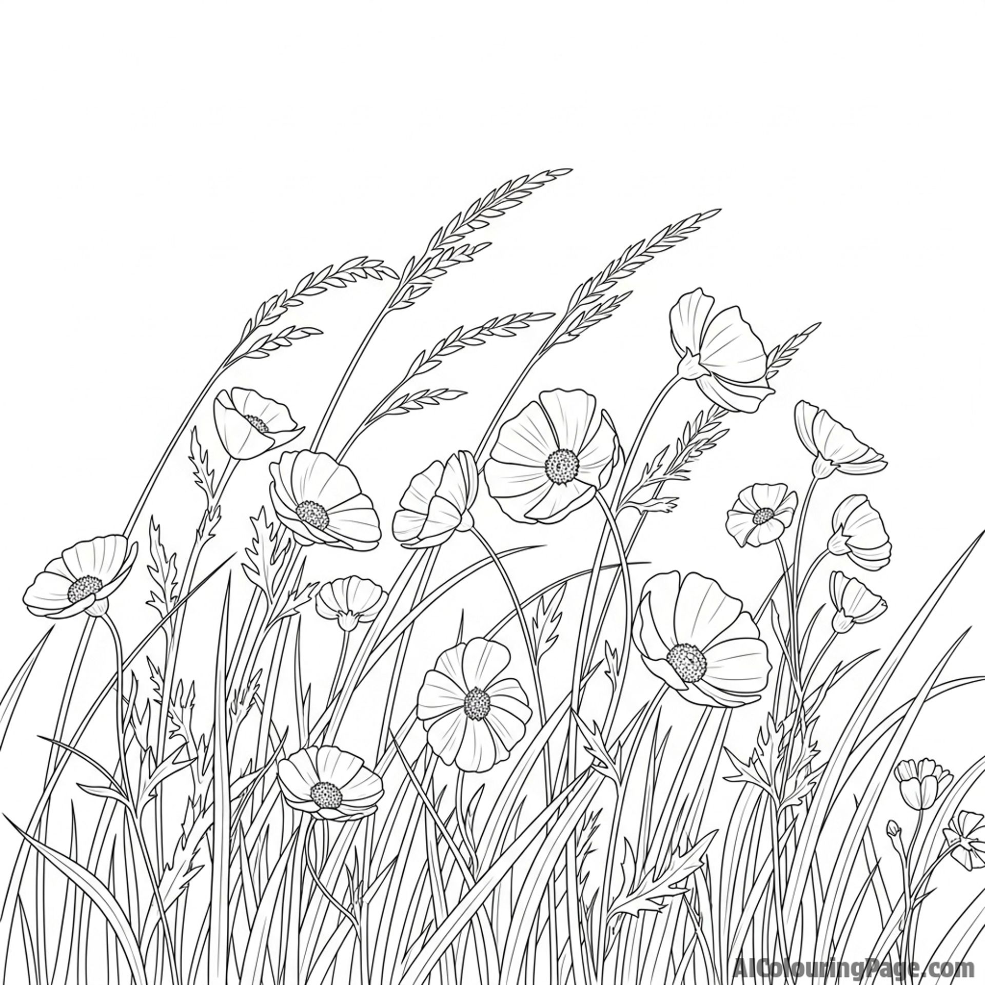 Field of wildflowers swaying gently in the breeze, sunny day.