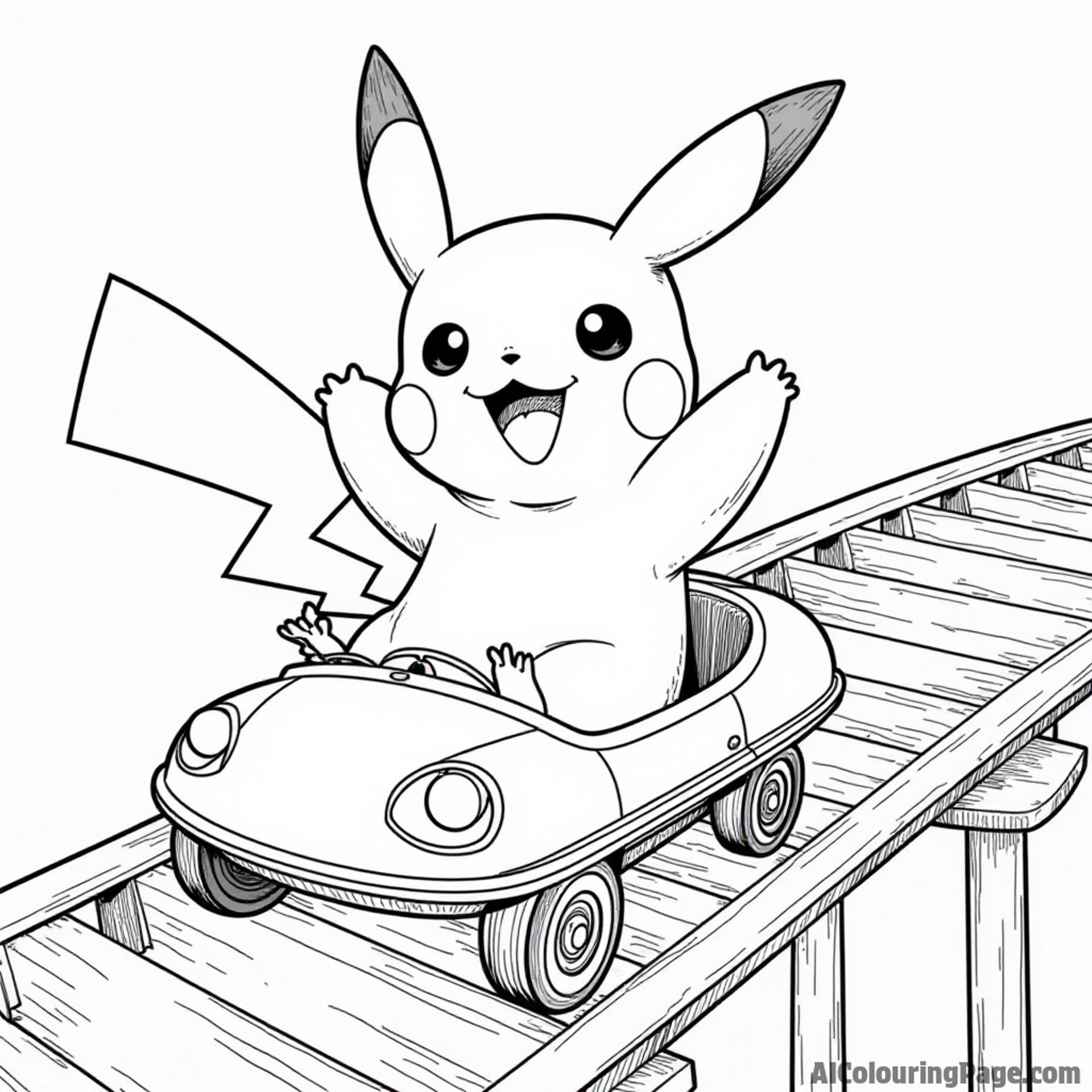 Pikachu riding a rollercoaster with a joyful expression and hands in the air