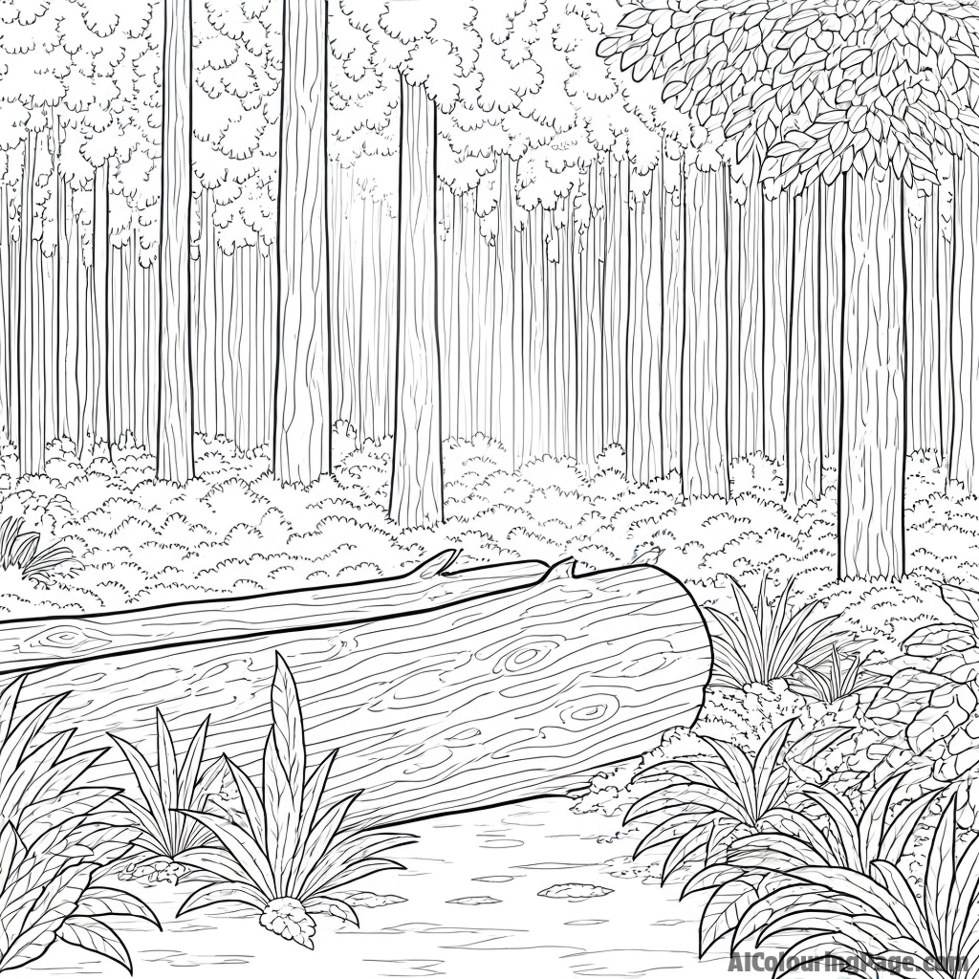 Sunlight filtering through canopy, forest floor covered in moss, fallen logs.