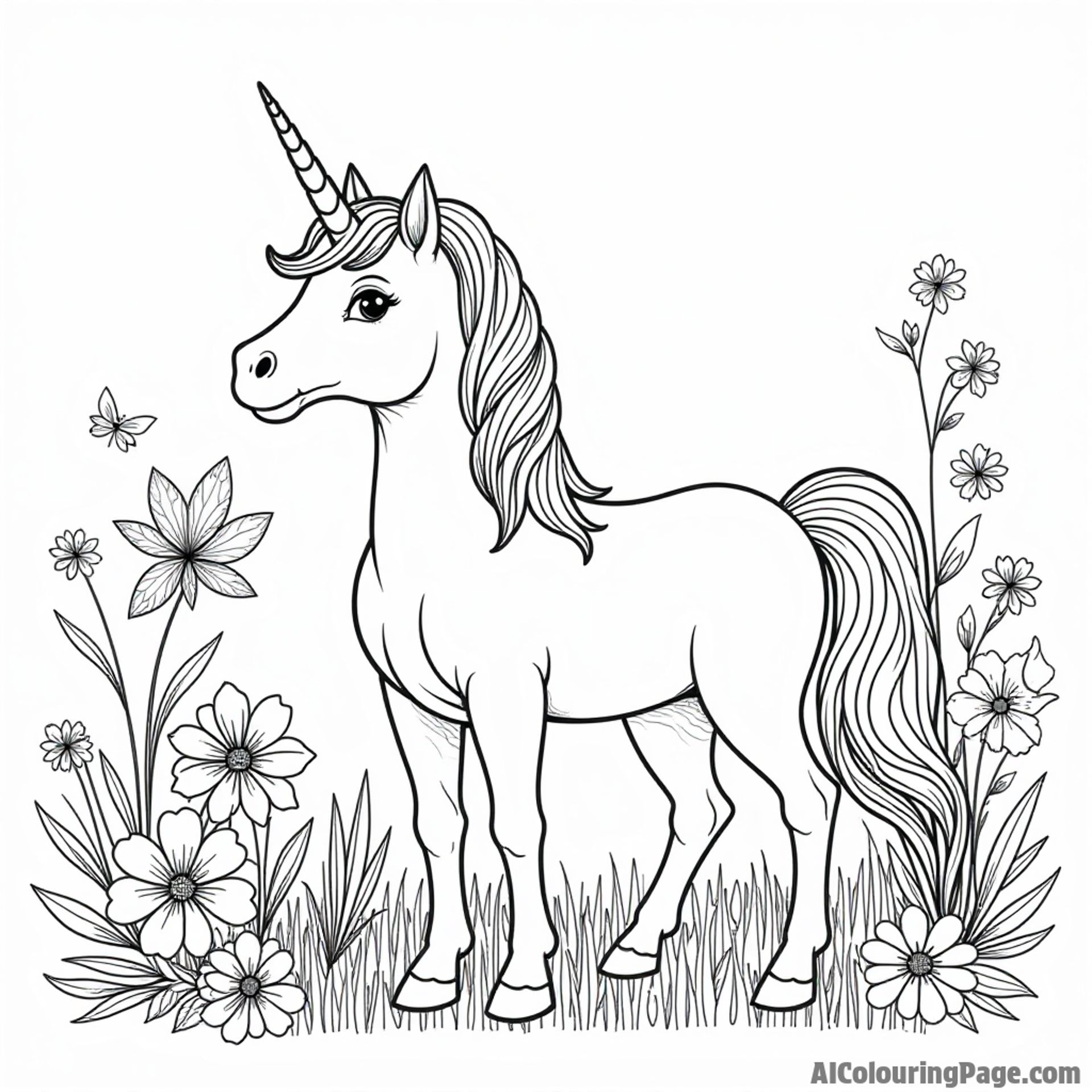 A unicorn with a sparkling horn standing in a mystical garden with vibrant flowers and fluttering fairies, inviting creativity.