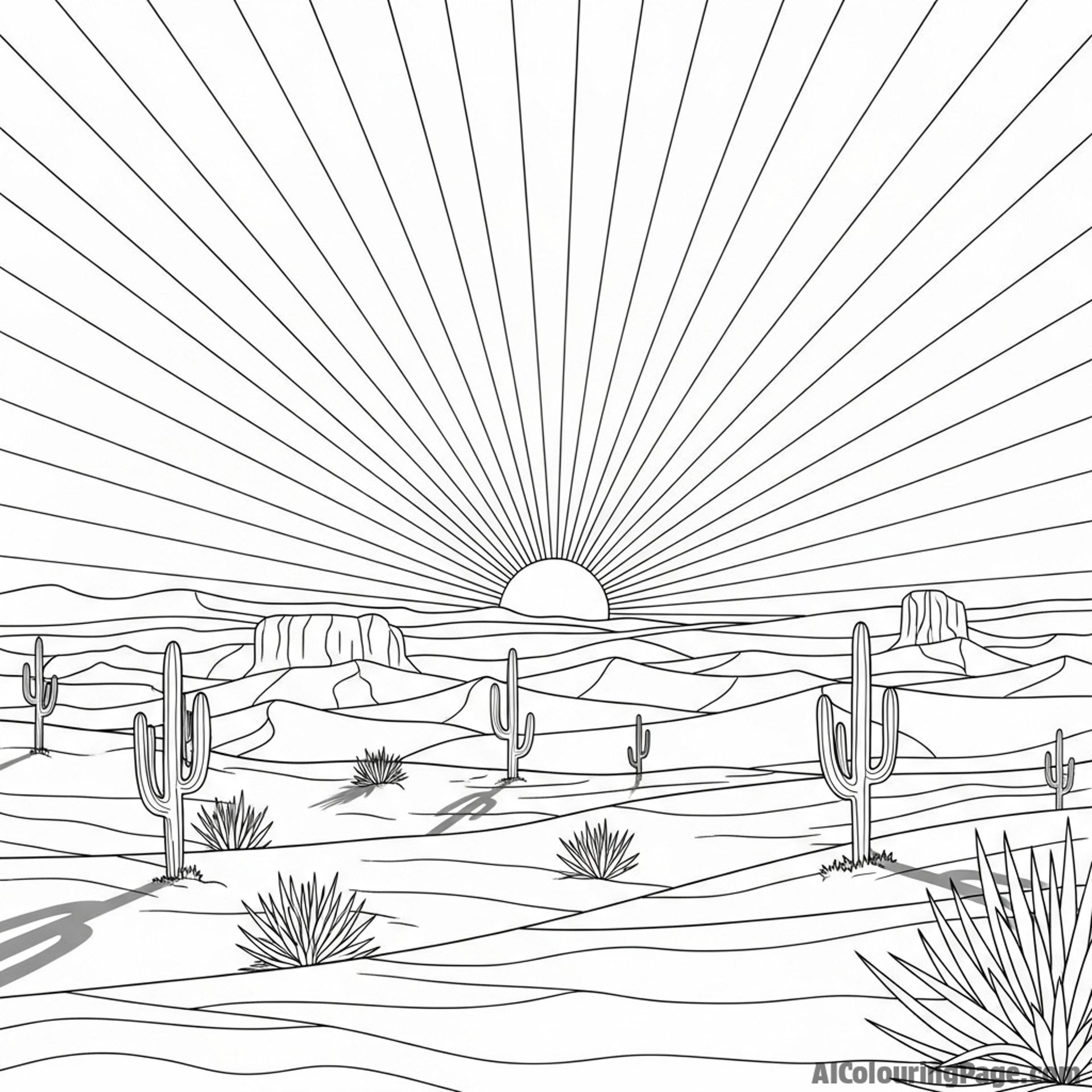Desert sunset, long shadows, stark horizon.