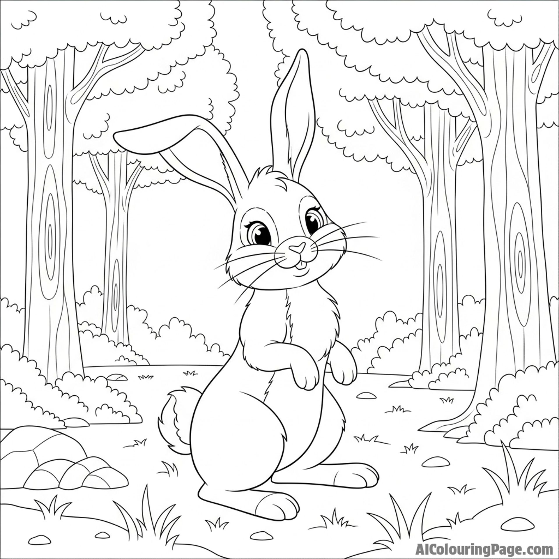 A rabbit standing on its hind legs, ears perked, listening intently in a quiet forest.