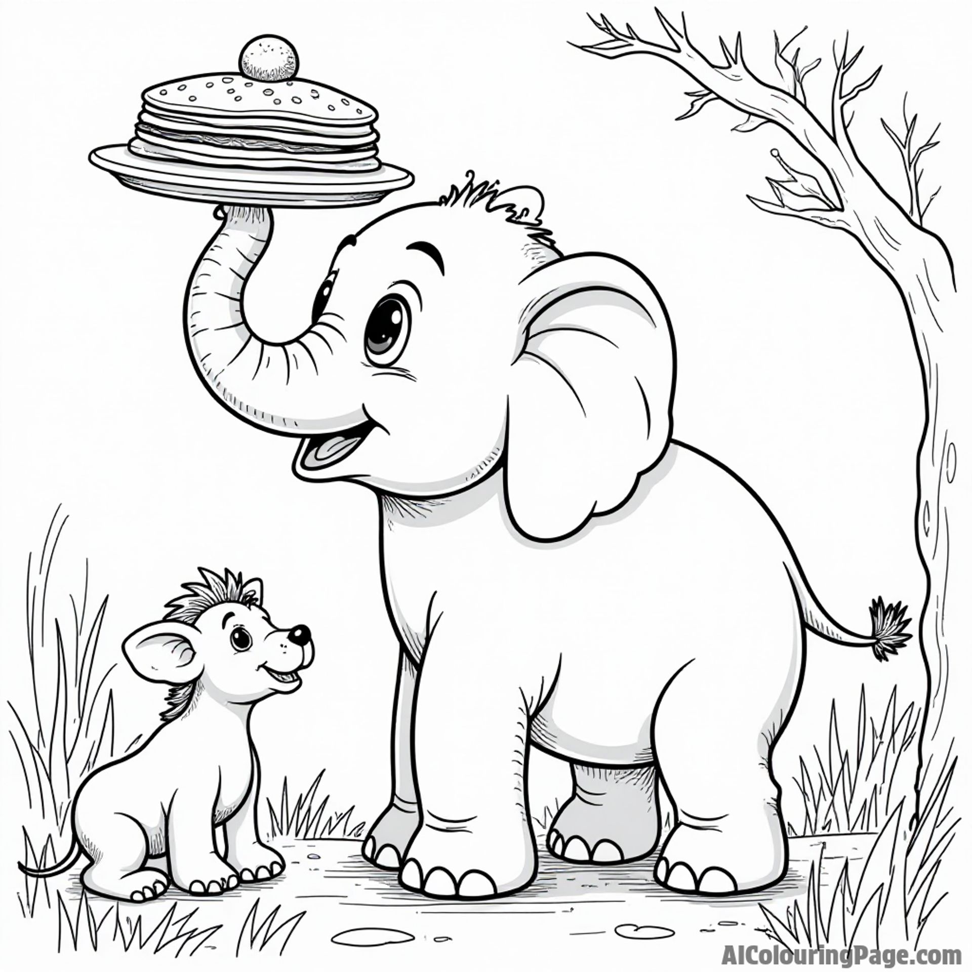 A playful elephant balancing a large pancake on its trunk, surrounded by jungle animals watching in amazement
