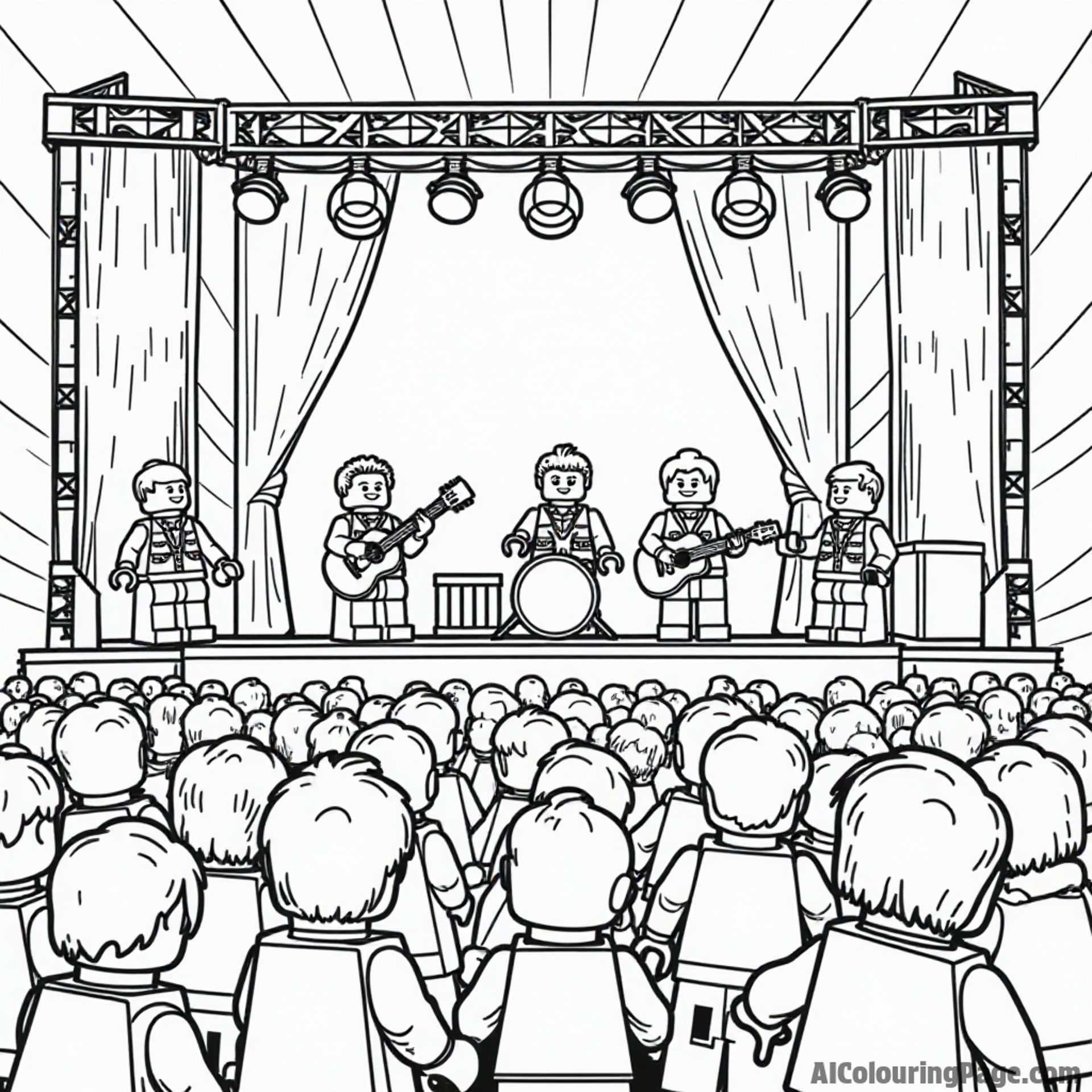 A LEGO music festival with a stage, musicians playing instruments, and a crowd dancing joyfully in the foreground.