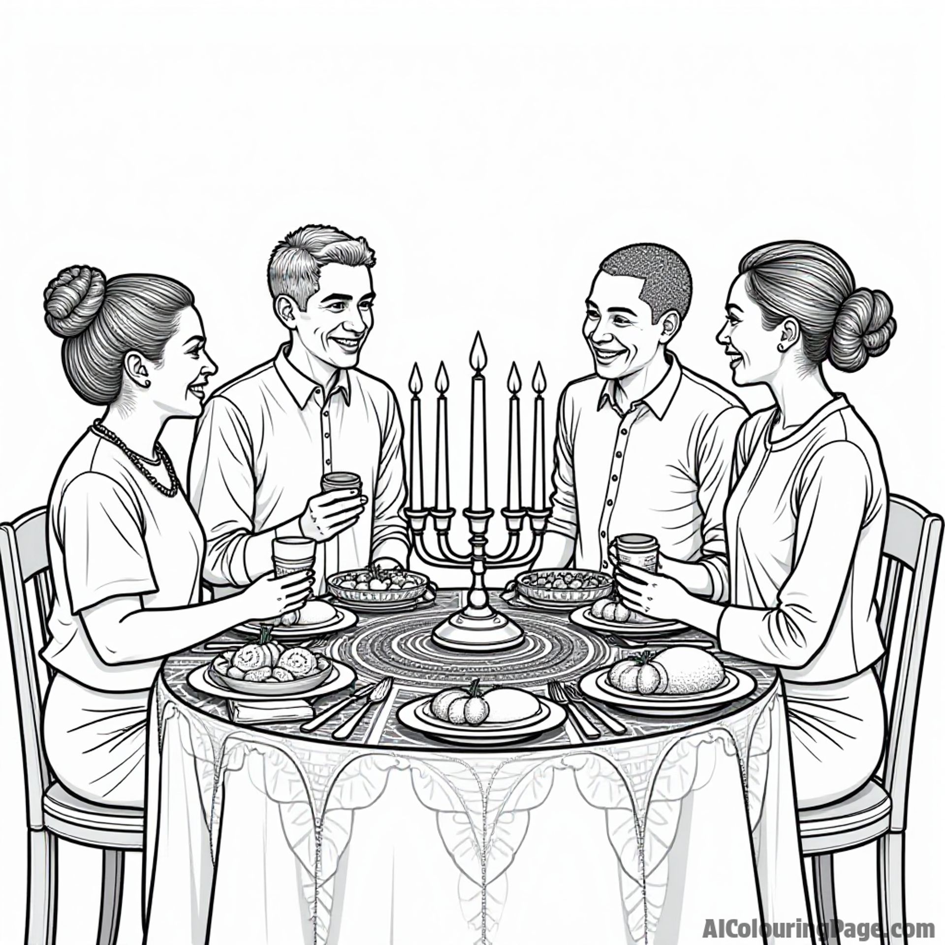 A vibrant Kwanzaa table set with a colorful kinara, traditional African fabric, and an assortment of fruits, surrounded by family members celebrating together, perfect for a black and white coloring page.