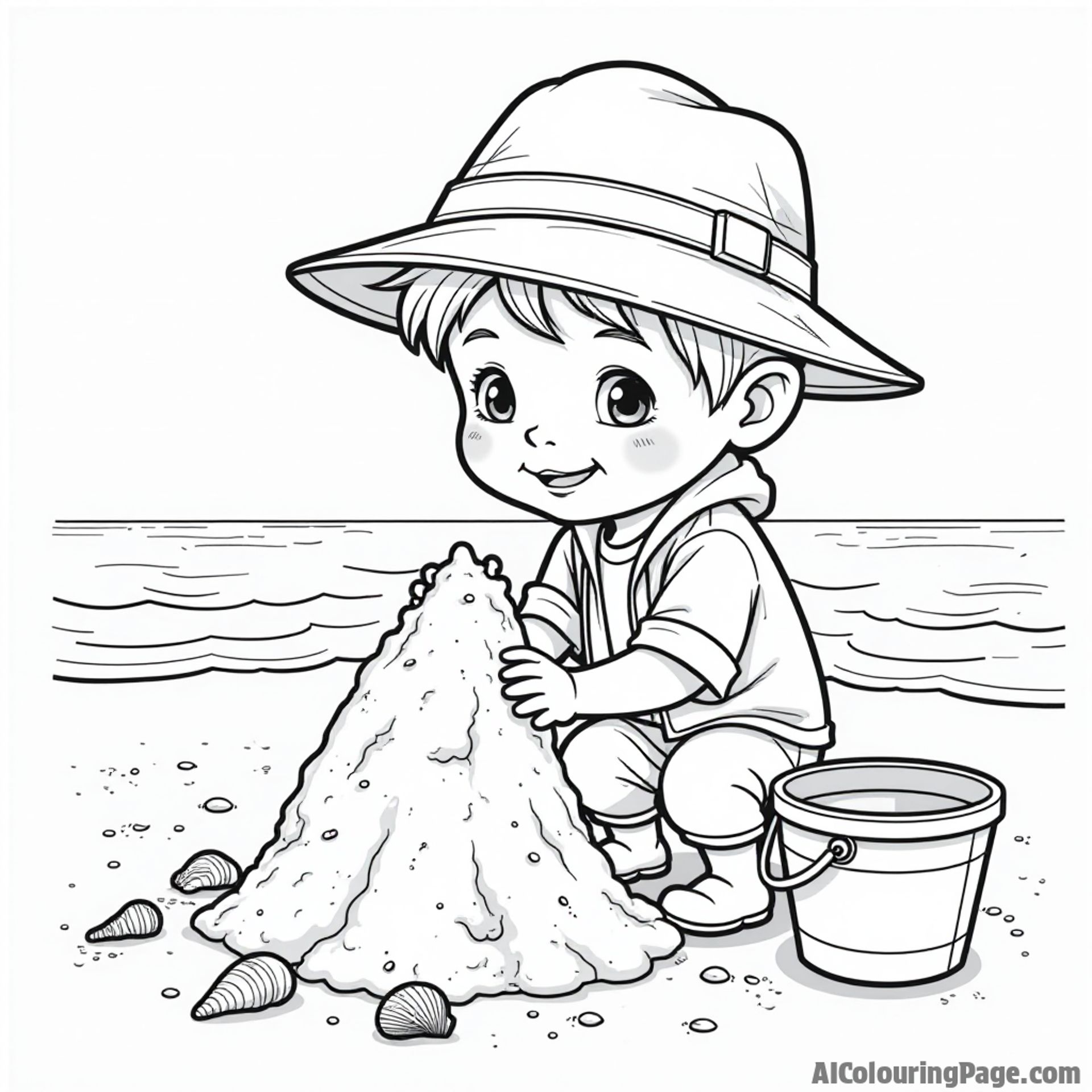 A little boy in an explorer hat, building a sandcastle on the beach, with seashells and a bucket nearby, ready for a fun-filled day of adventure in a coloring page.