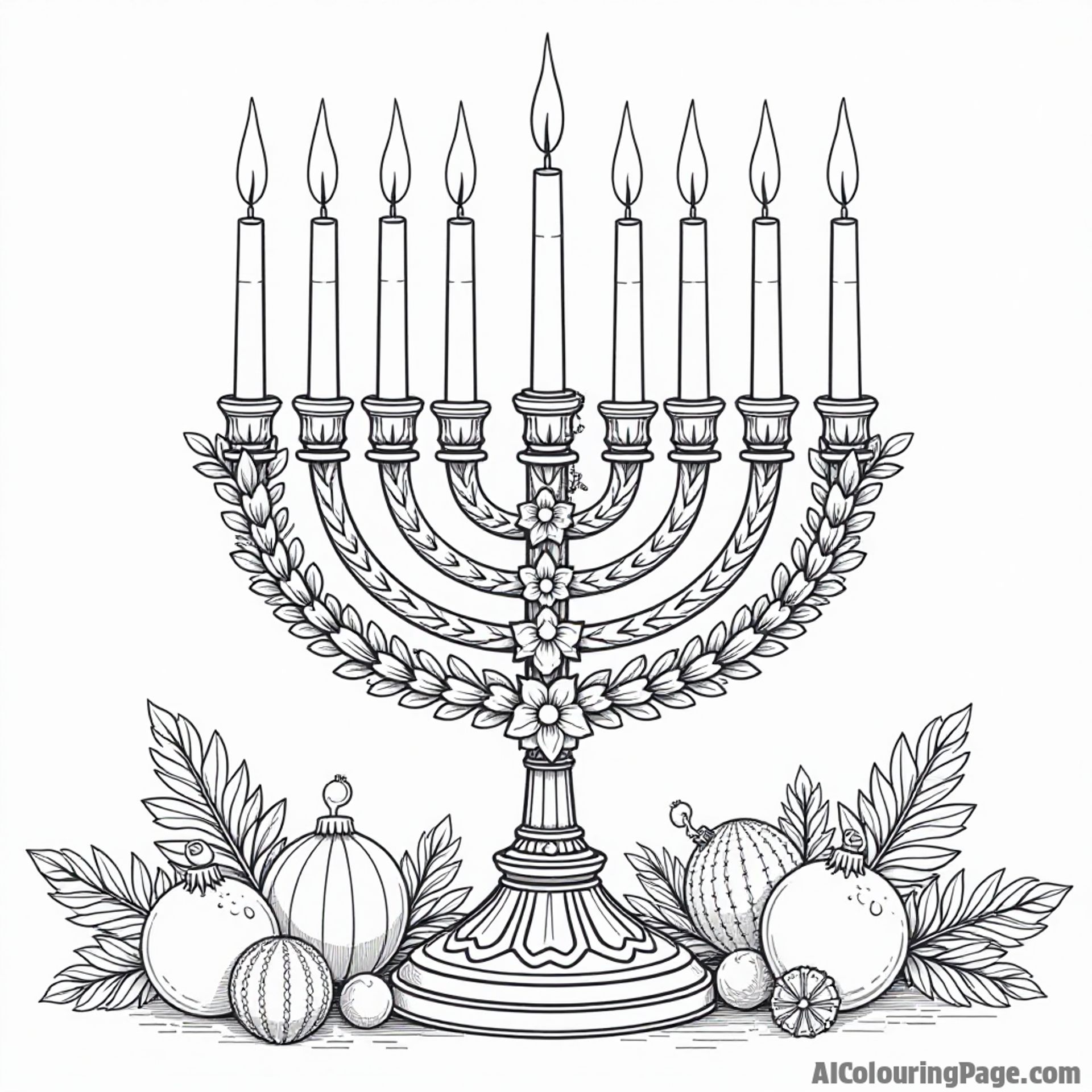 A menorah with a beautiful floral design, surrounded by festive ornaments and candles, creating a serene and artistic coloring experience related to Hanukkah for kids.