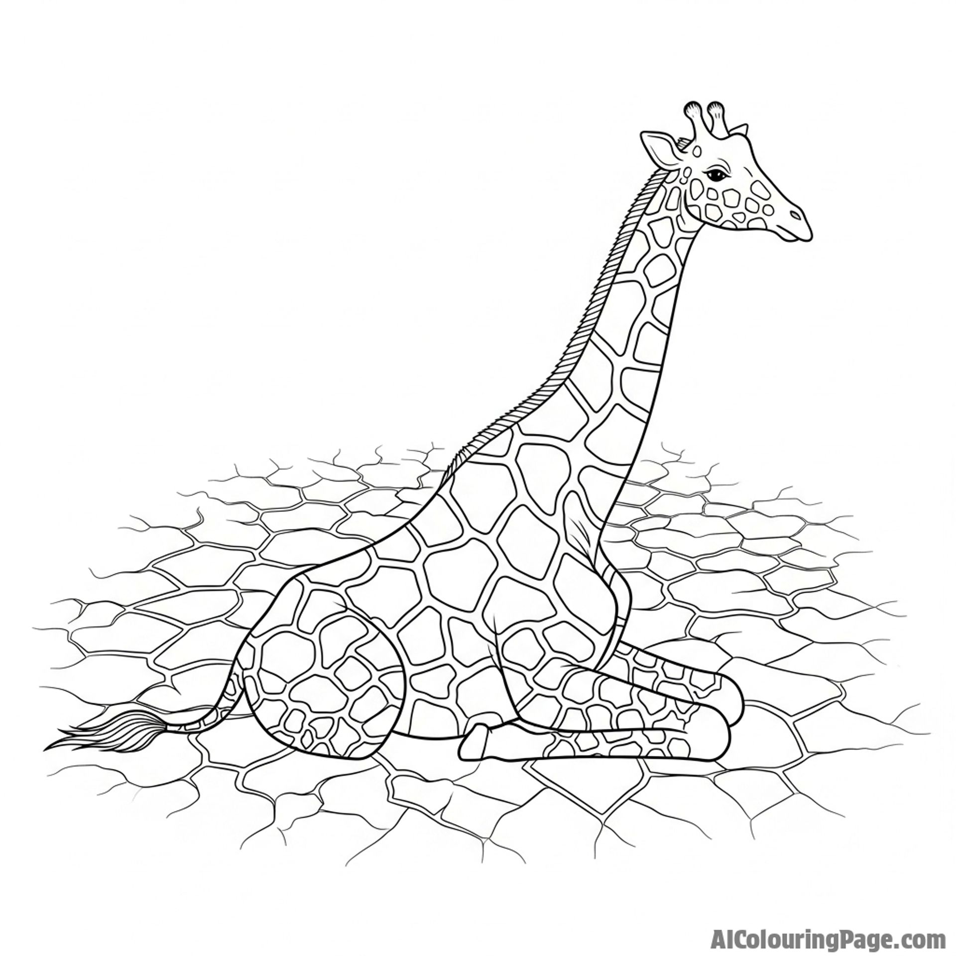 A giraffe's patterned hide seamlessly blending into a cracked desert floor.