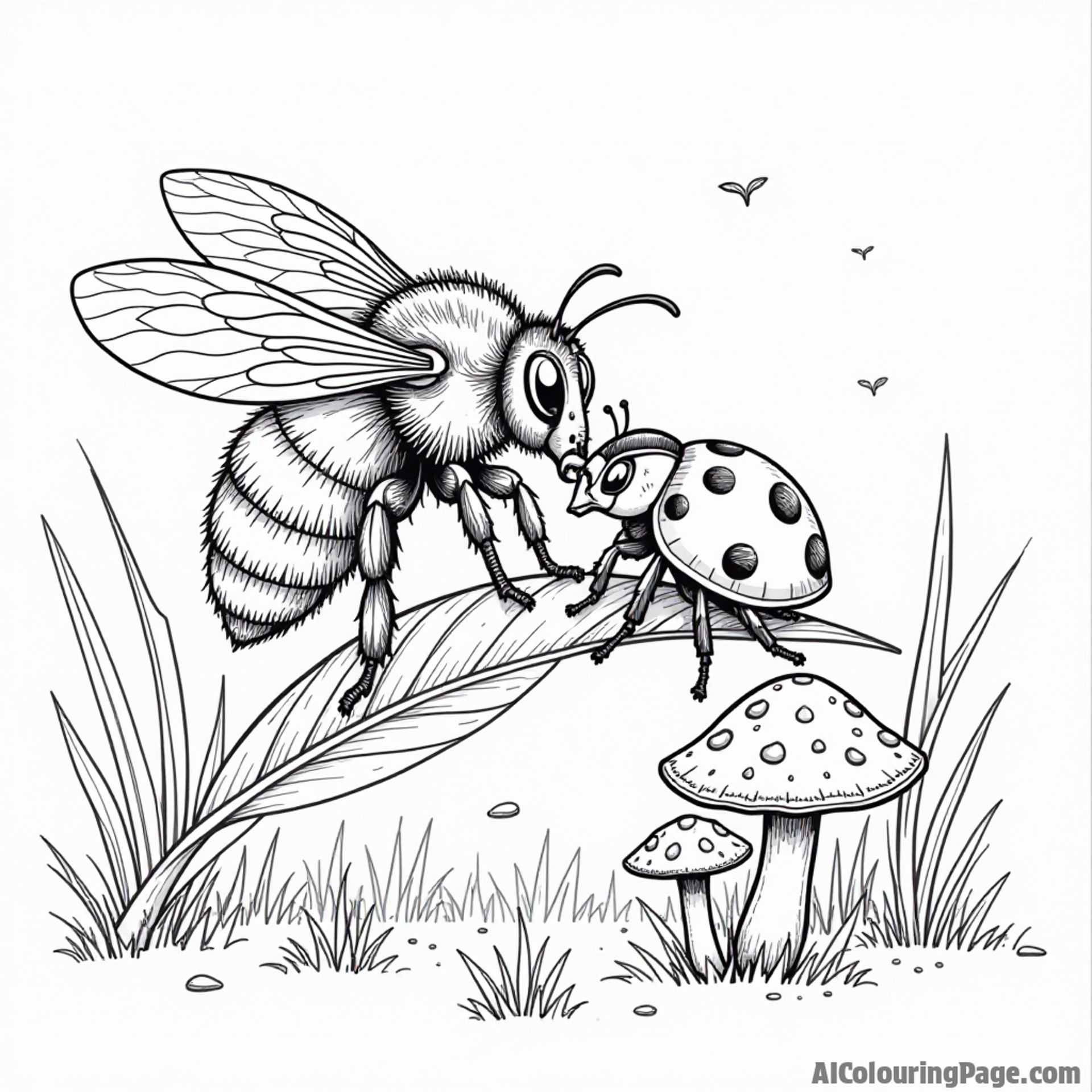 A bee and a ladybug sharing a cozy moment on a leaf, surrounded by tiny mushrooms and grass blades.
