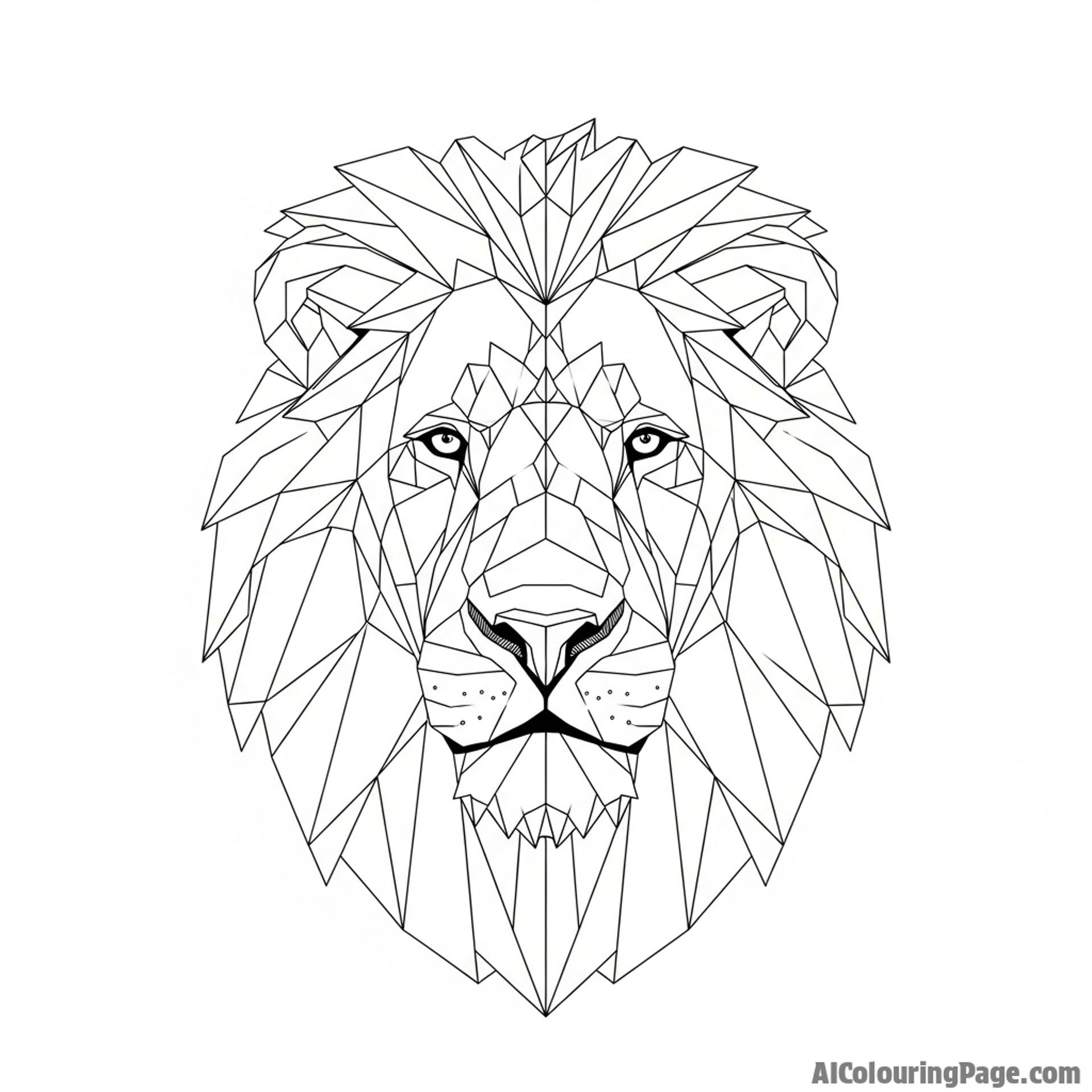A low-poly, geometric digital art representation of a lion's head.