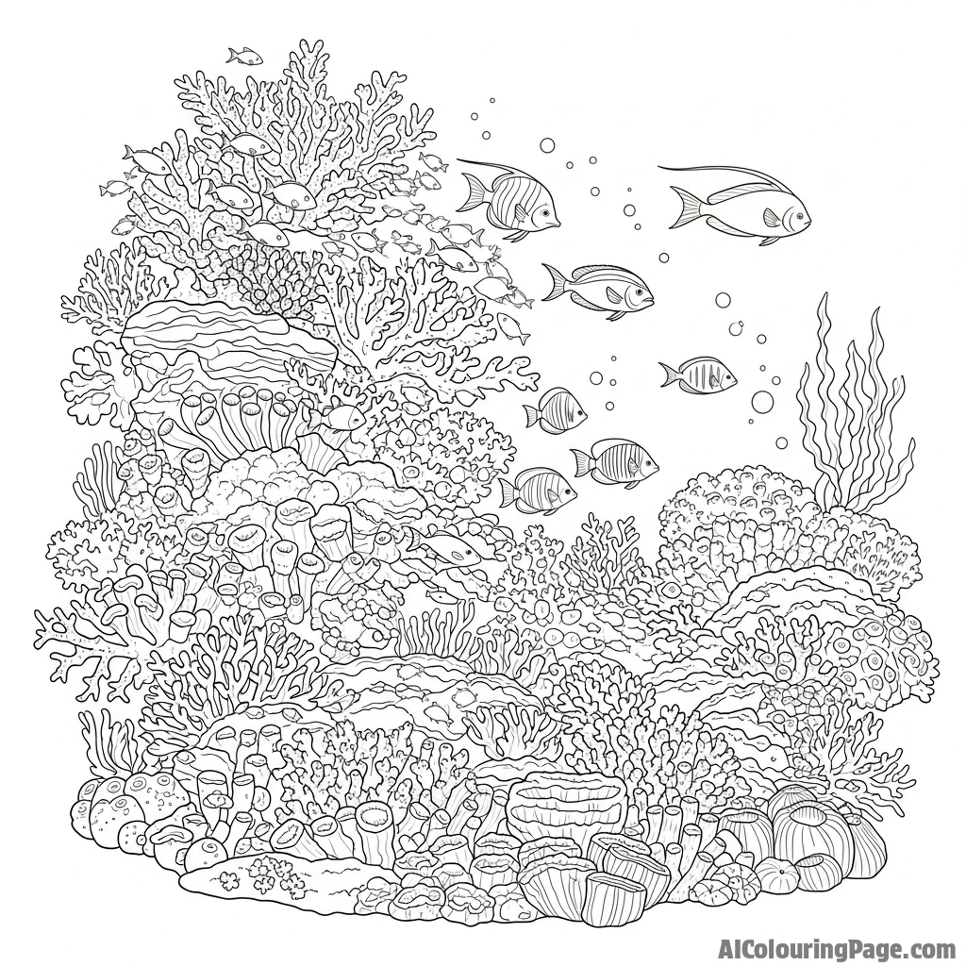 An intricate coral reef bustling with marine life.