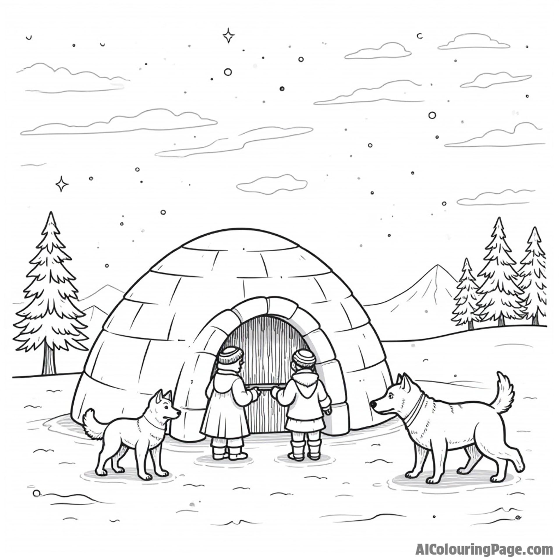 A traditional Inuit family building an igloo, with sled dogs nearby and the Northern Lights shimmering above, showcasing Alaska's culture.