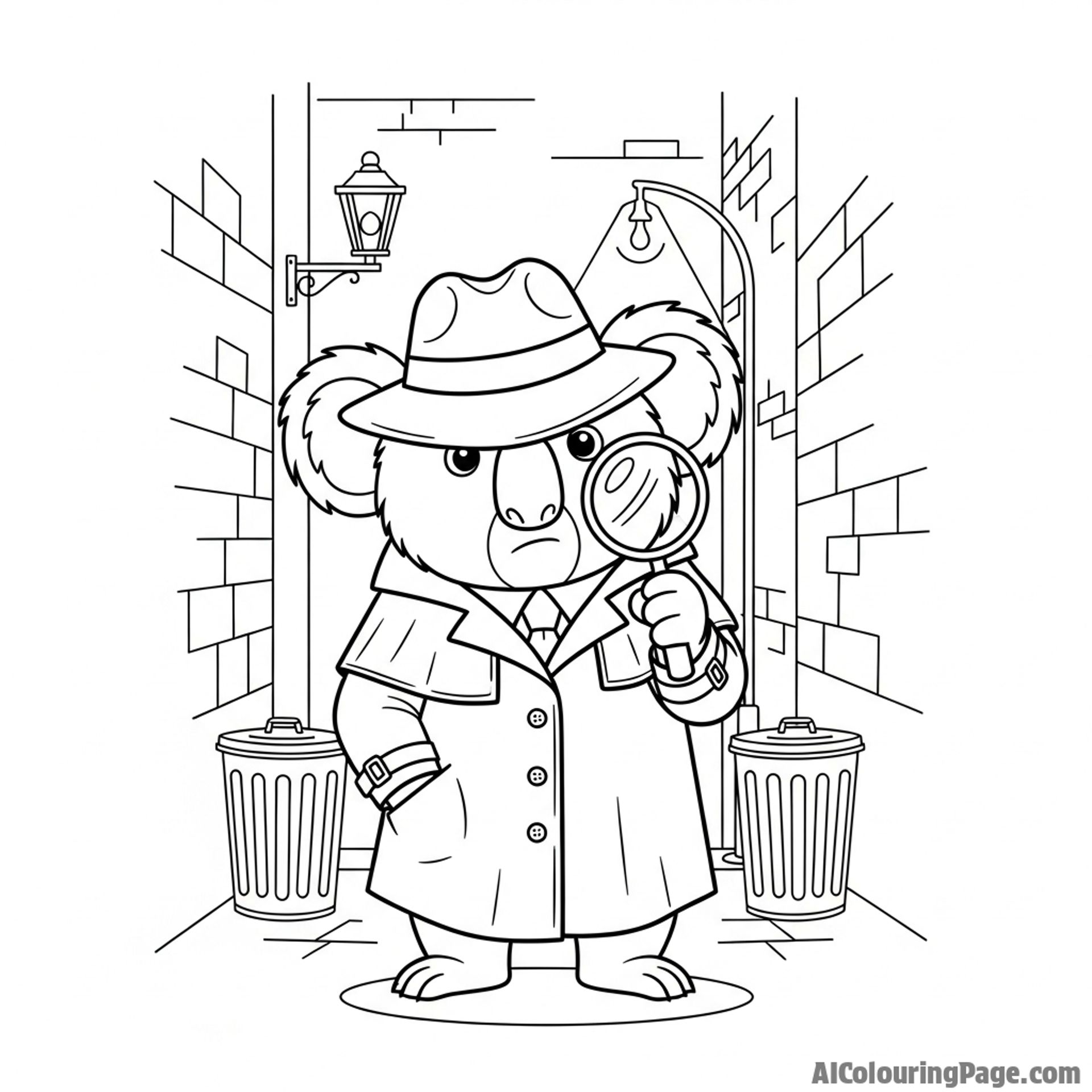 A koala depicted as a film noir detective, wearing a trench coat in a shadowy alley.