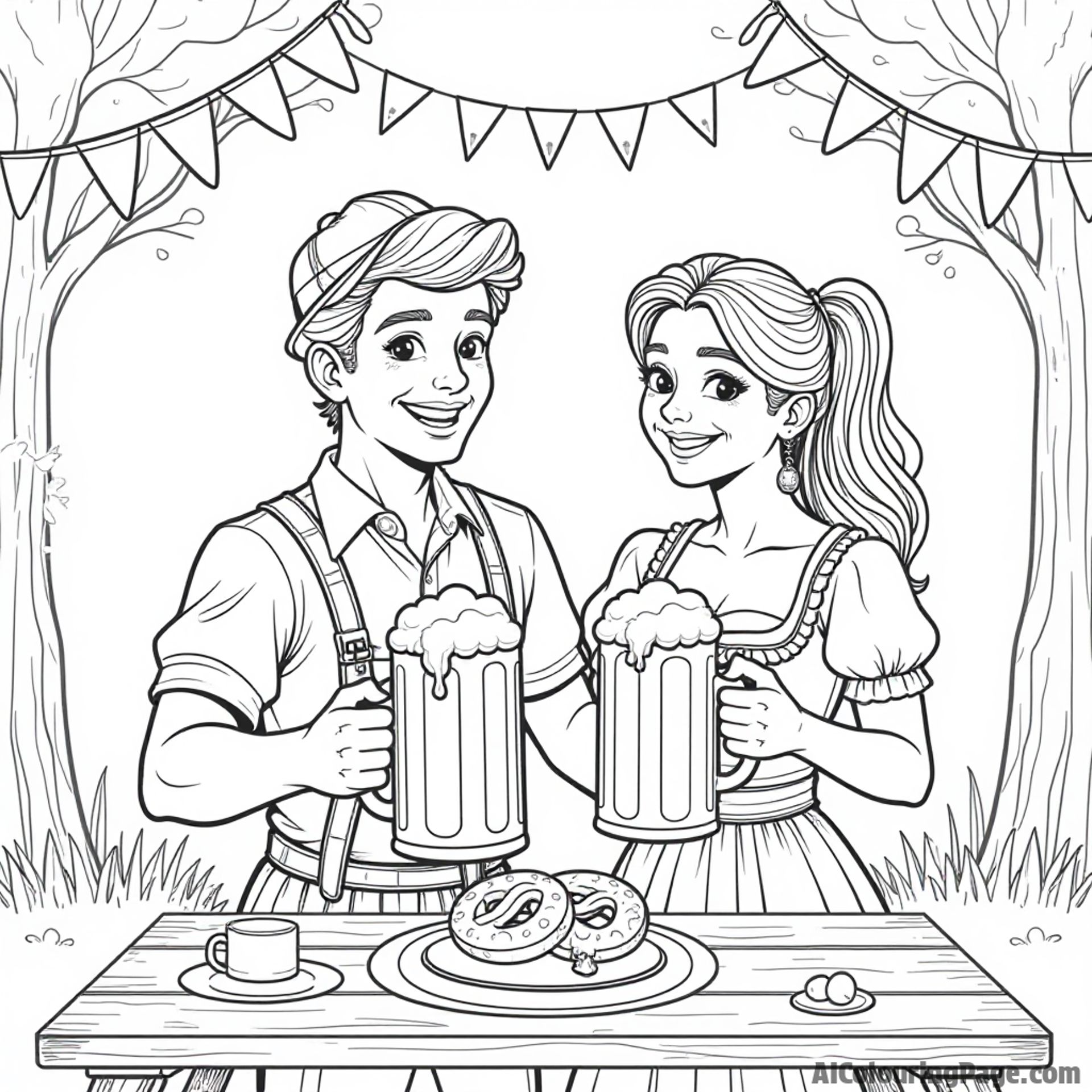 A lively Oktoberfest scene featuring a cheerful couple in traditional Bavarian outfits, holding large beer steins, surrounded by festive banners and pretzels on a picnic table.