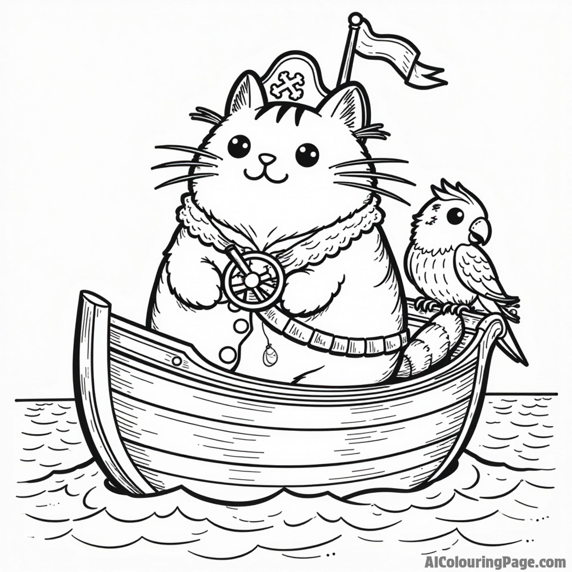 Pusheen dressed as a pirate sailing on a treasure chest with a parrot sitting on top looking at the horizon