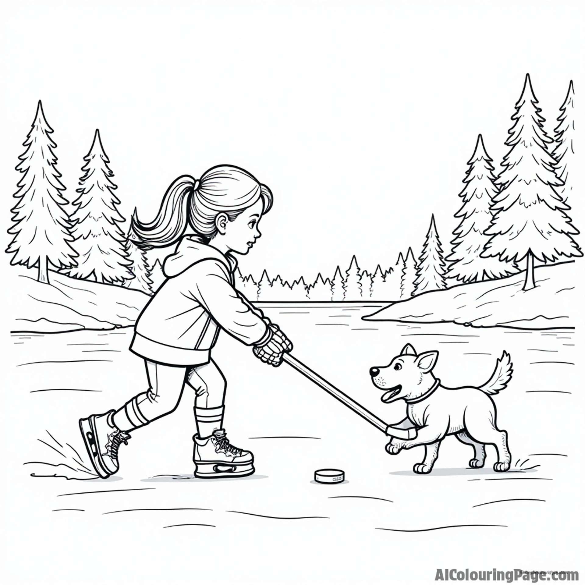 A young girl practicing her slap shot on a frozen lake, with her dog eagerly chasing the puck, surrounded by tall pine trees.