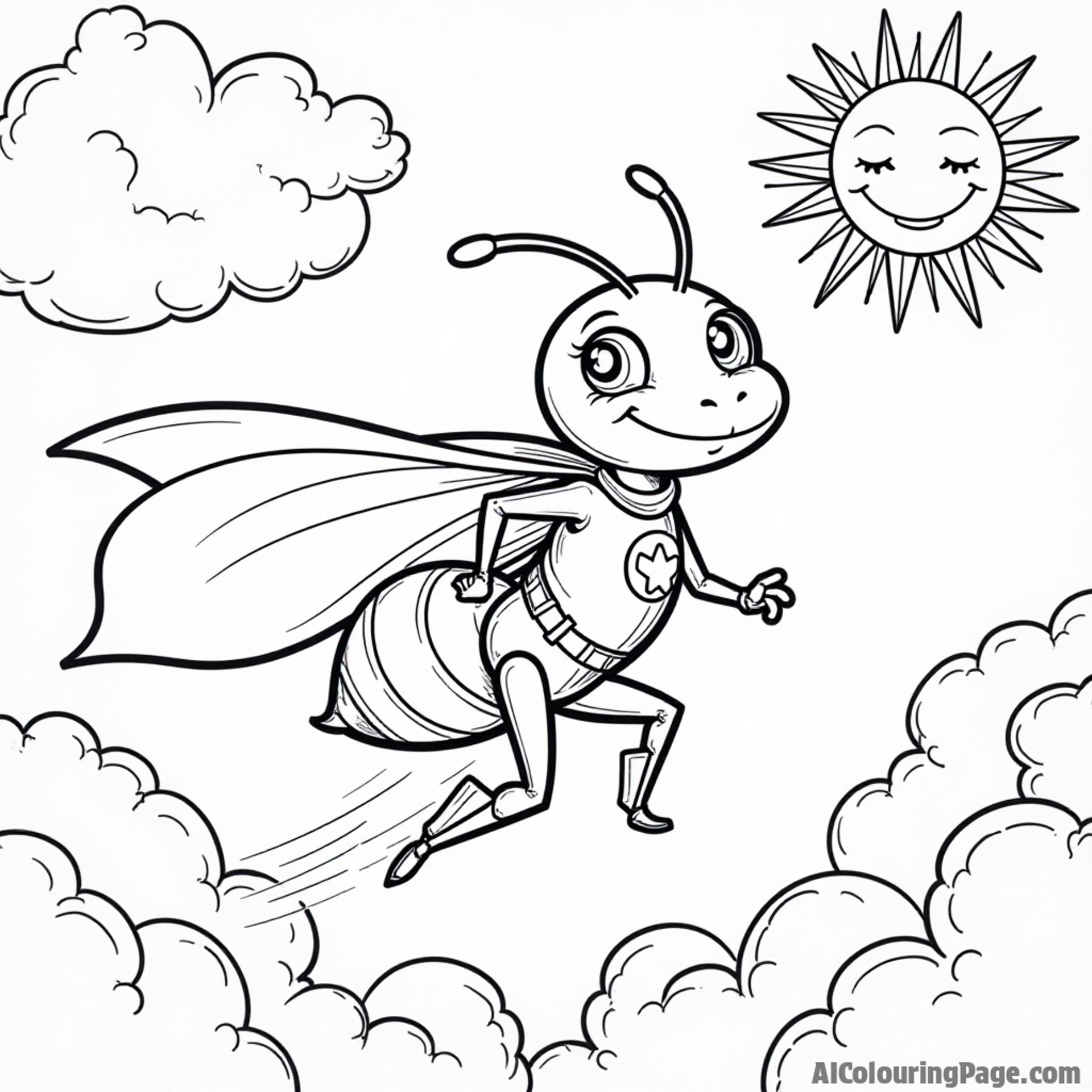 A superhero ant flying through the air with a cape, saving the day with a smiling sun in the background.