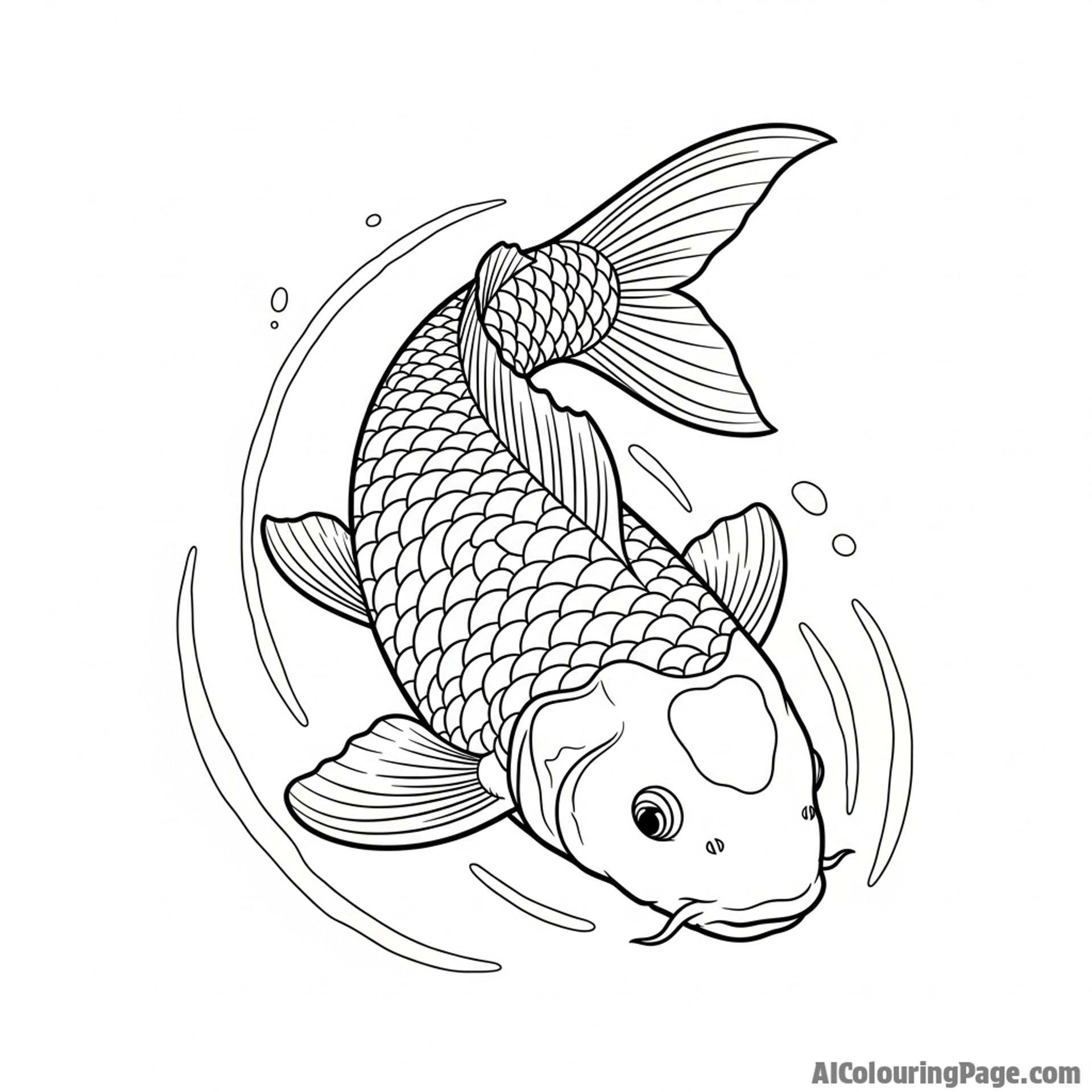 A photograph emphasizing the powerful, muscular form of a koi as it turns sharply in the water.