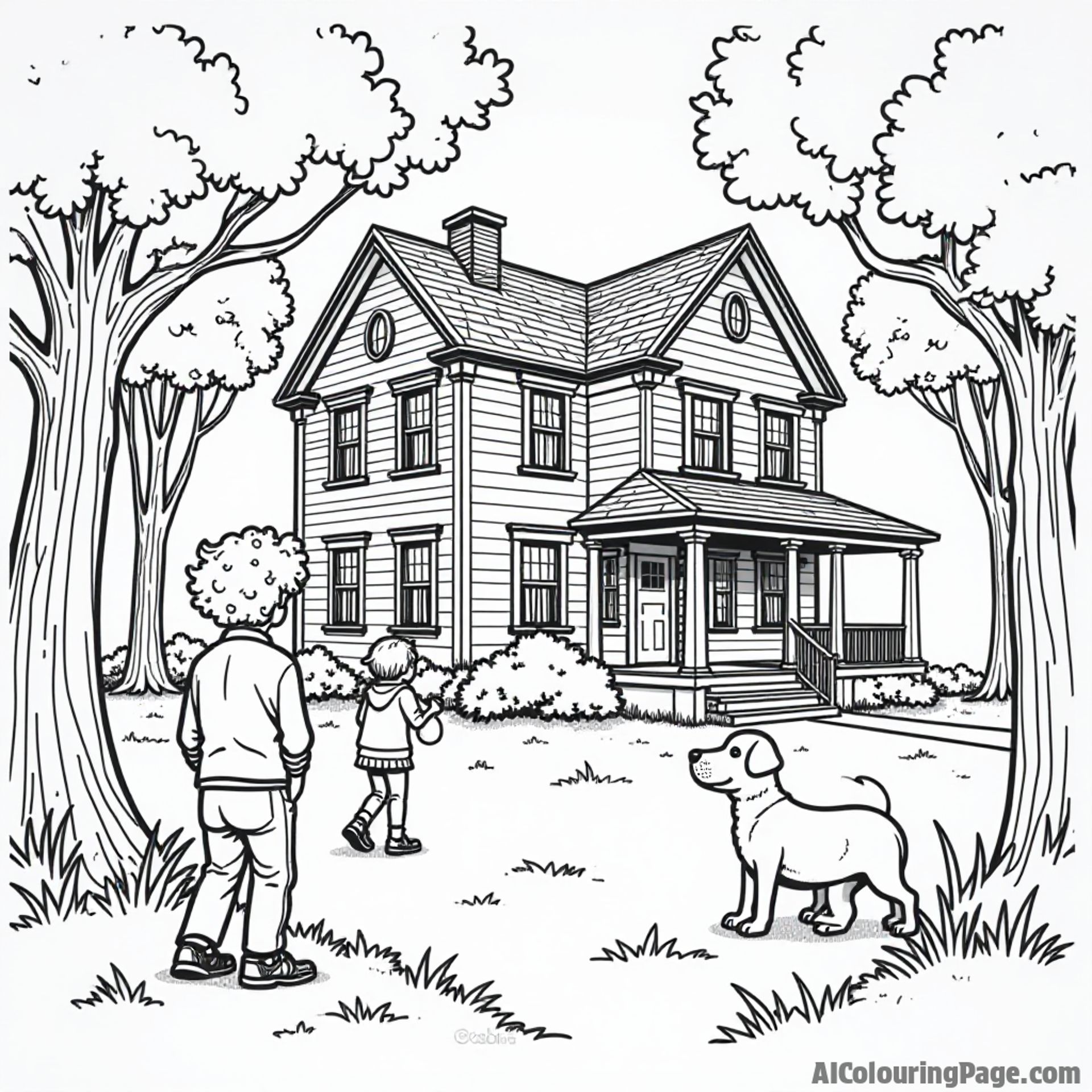 A family exploring the Mark Twain House, with trees and a friendly dog in the yard, ready for coloring excitement.