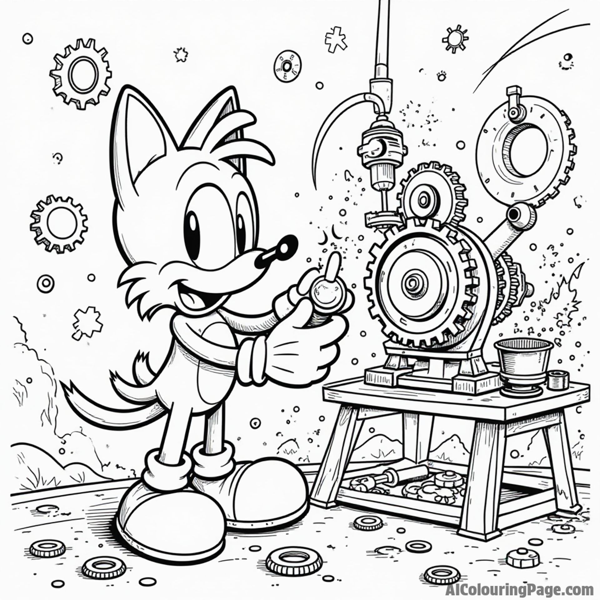 Tails inventing a whimsical machine at his workshop, with gears and springs flying everywhere in a chaotic yet fun scene.