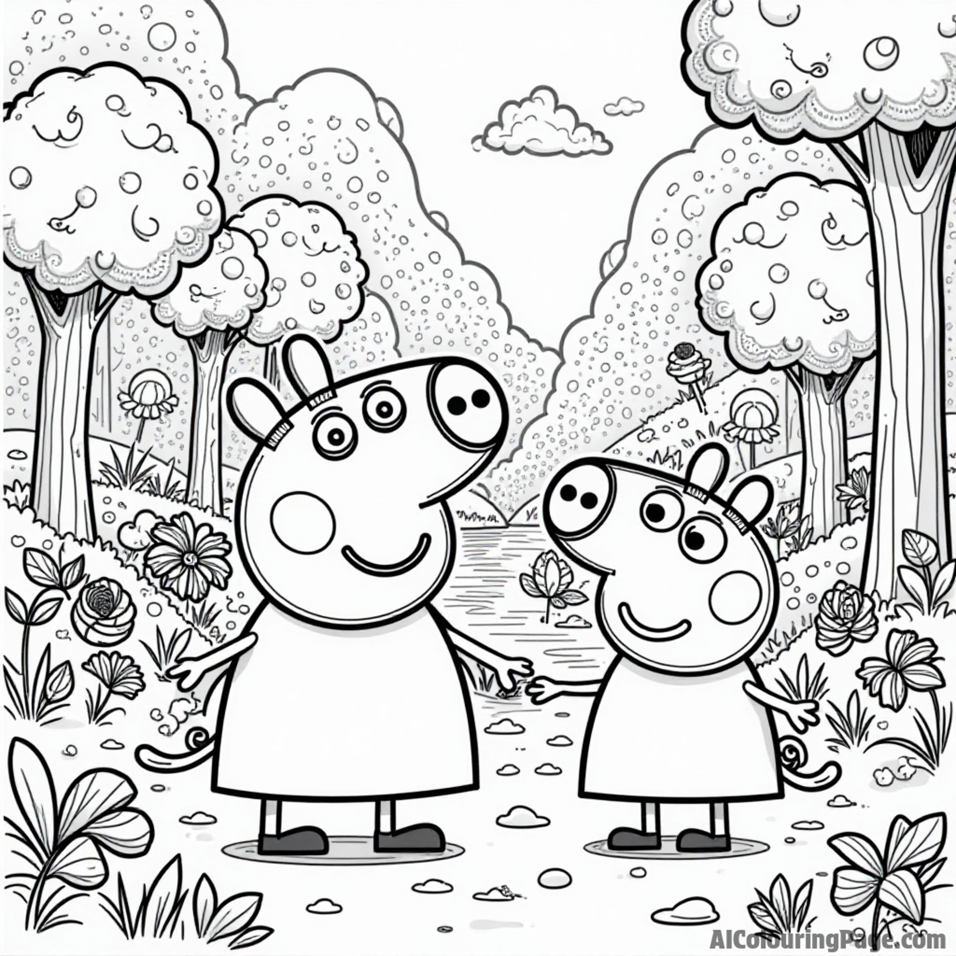 Peppa Pig and George Pig exploring a colorful candy land filled with candy trees, lollipops, and chocolate rivers.