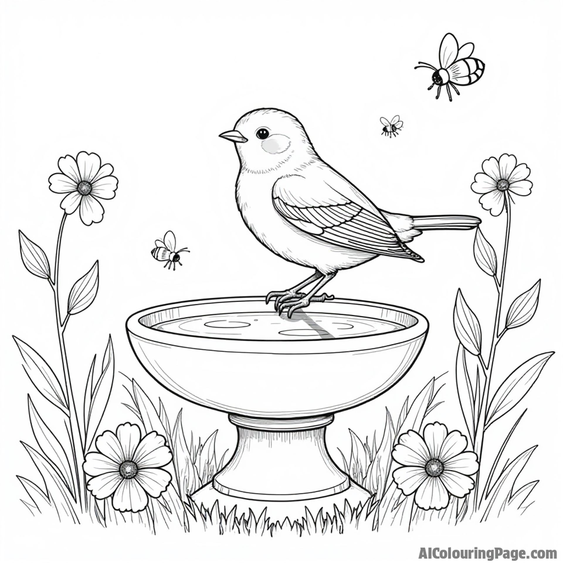 A robin sipping water from a birdbath, surrounded by blooming flowers and playful bees buzzing nearby, ready for kids.