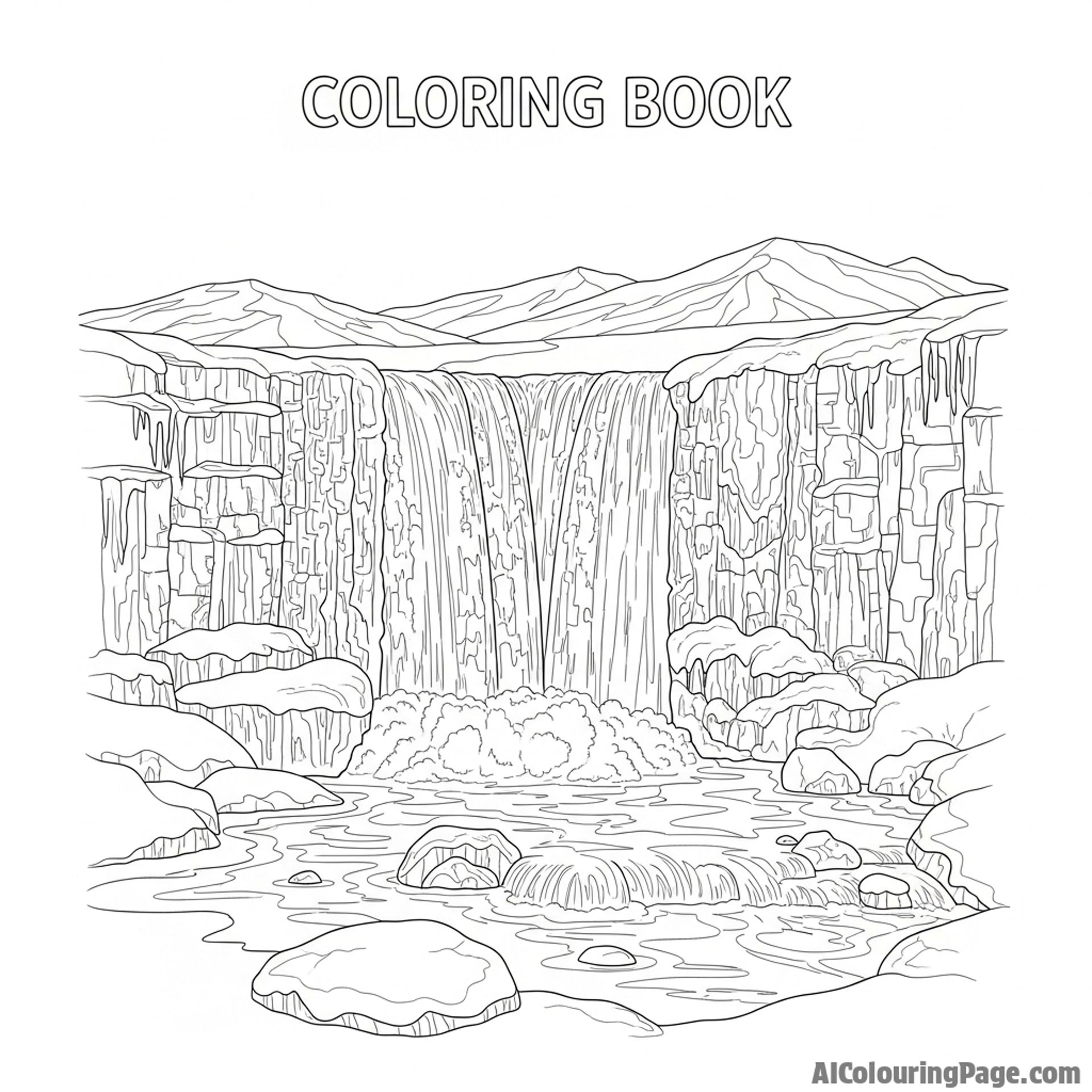 Frozen waterfall cascading over snow-covered rocks, distant mountain range.