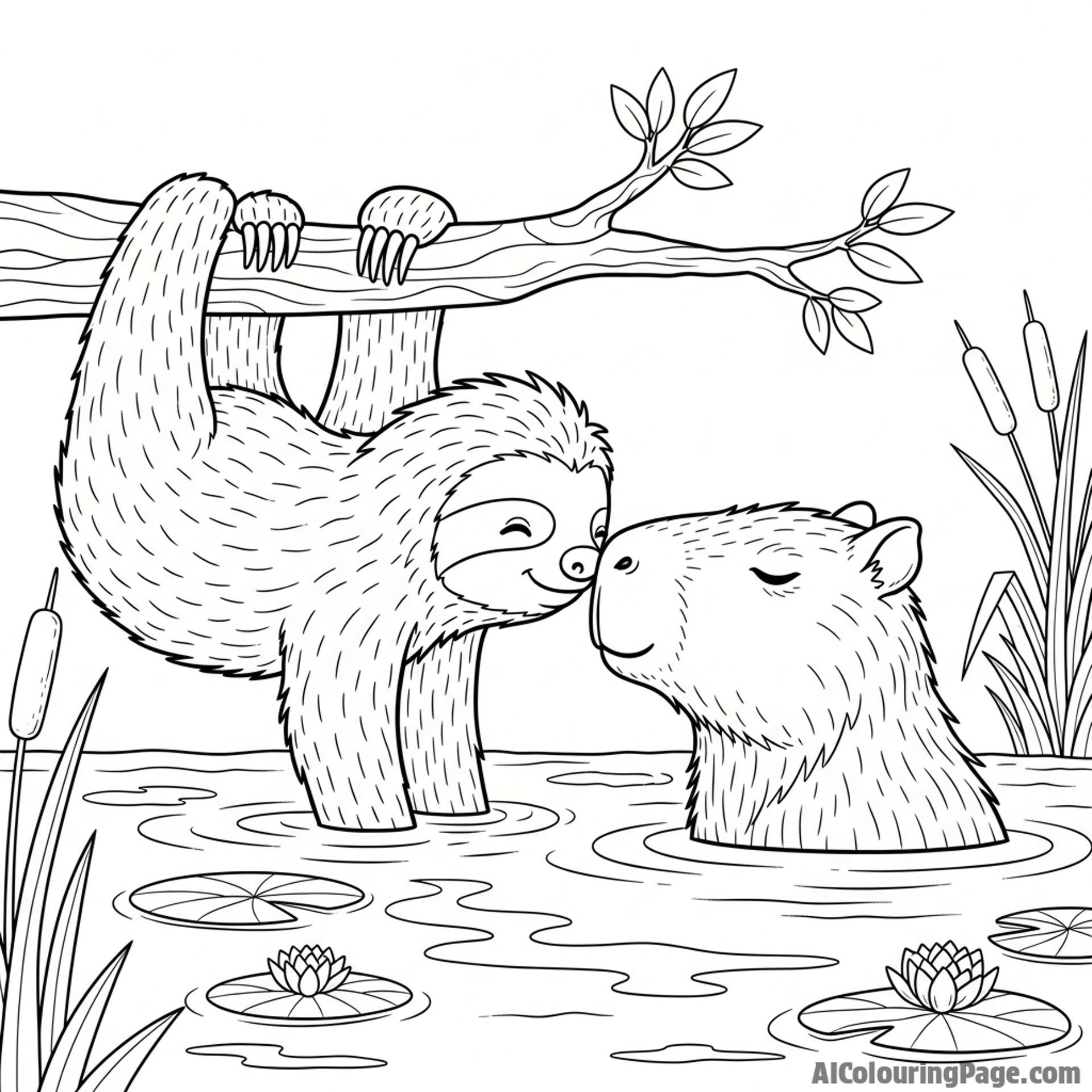 A sloth gently touching noses with a capybara at the water\'s edge.