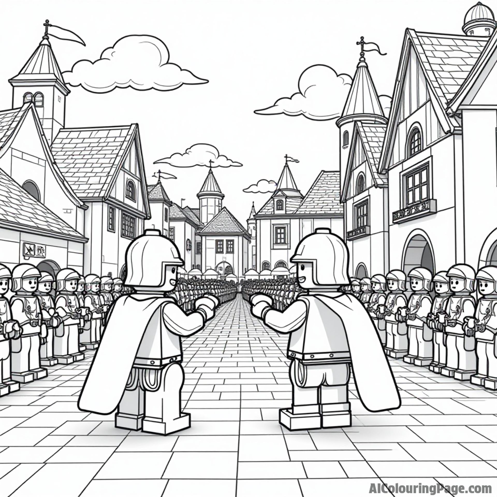 A LEGO medieval festival with knights jousting, villagers celebrating, and colorful banners hanging in a village square.