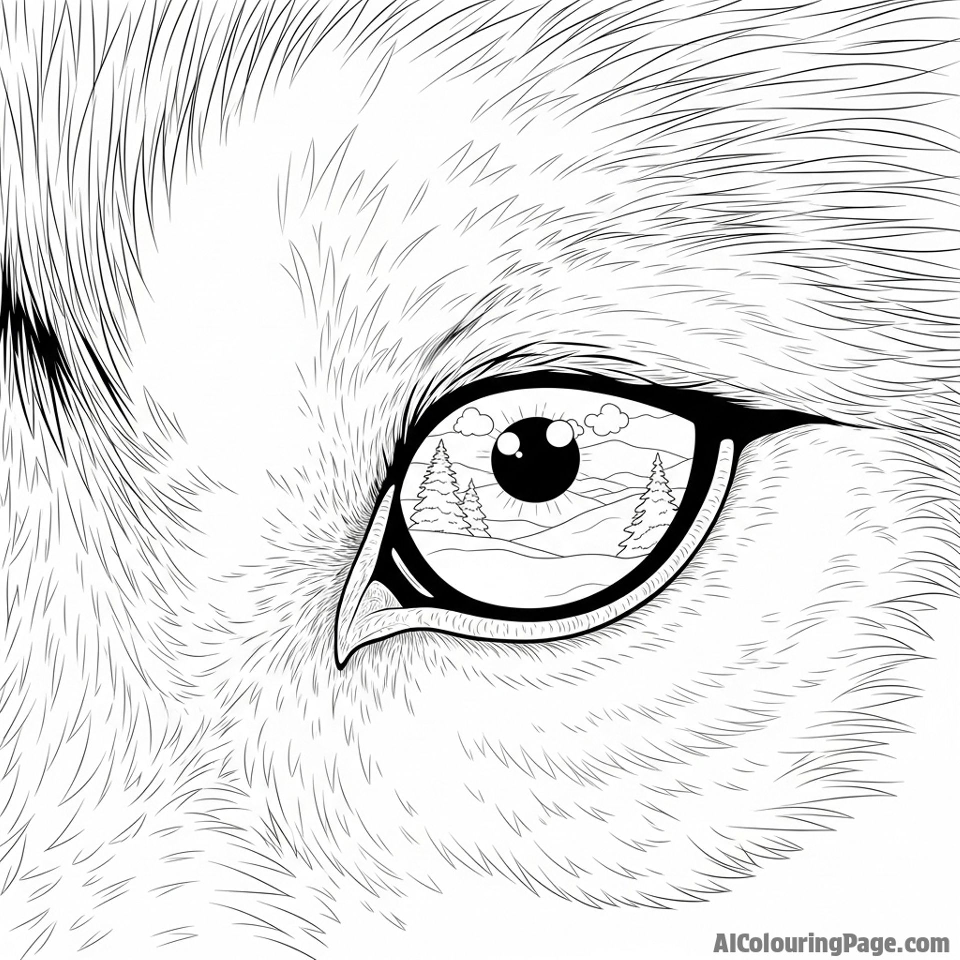 An extreme close-up of a wolf's intense, focused eye, reflecting a snowy landscape.