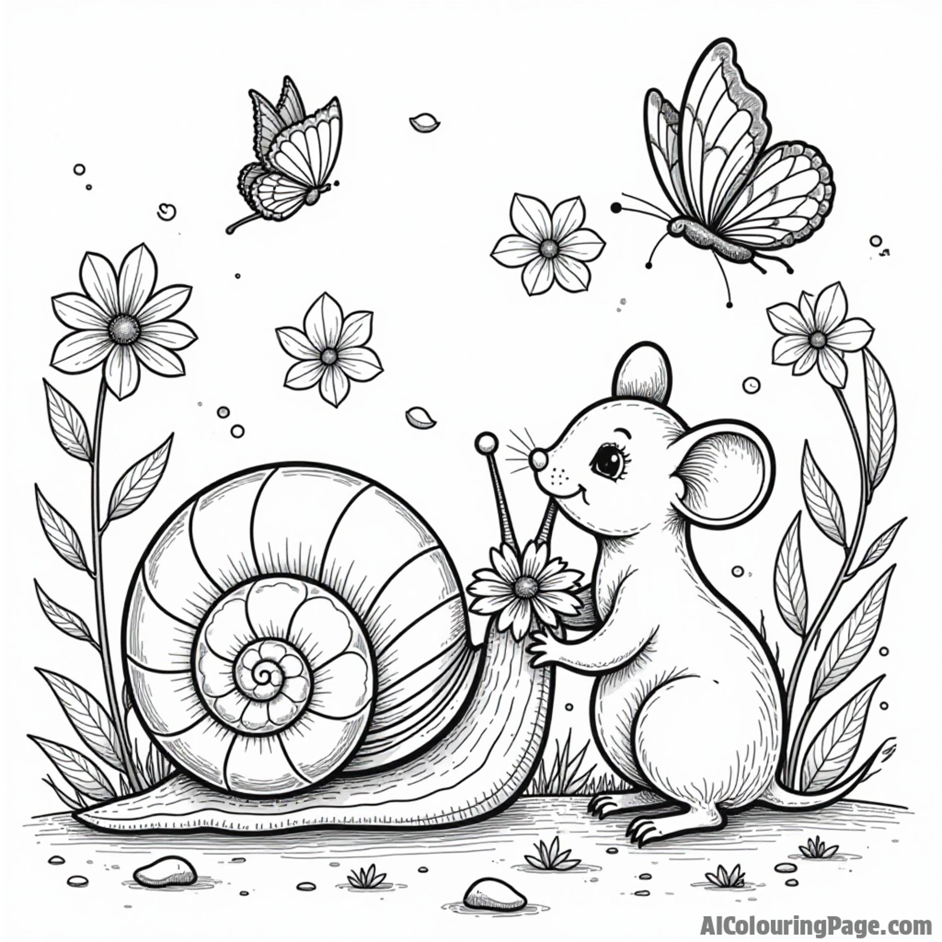 A snail sharing a flower with a friendly mouse, with colorful butterflies dancing around in a vibrant garden.