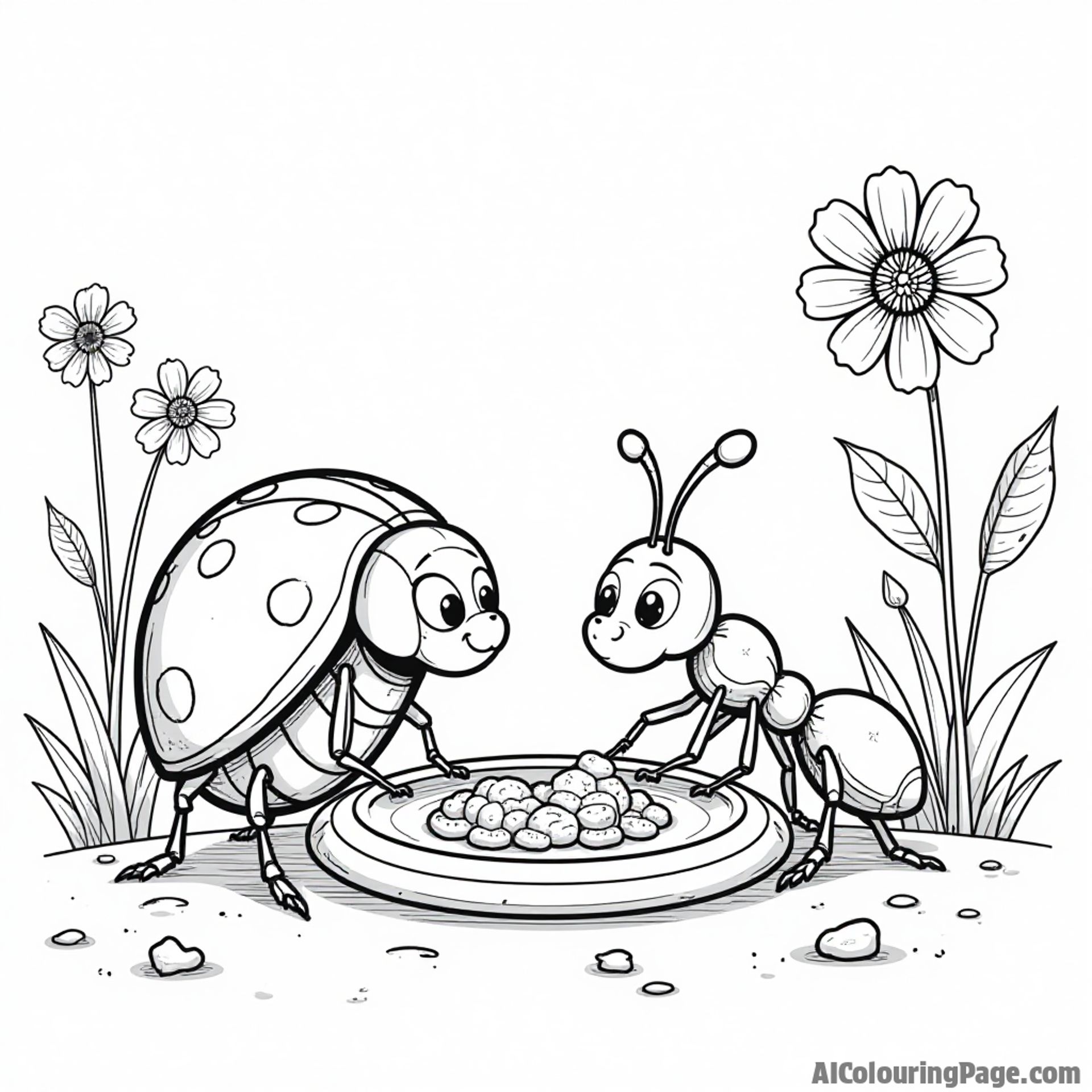 A ladybug sharing a meal with an ant at a tiny table, with crumbs scattered around and flowers in the background.