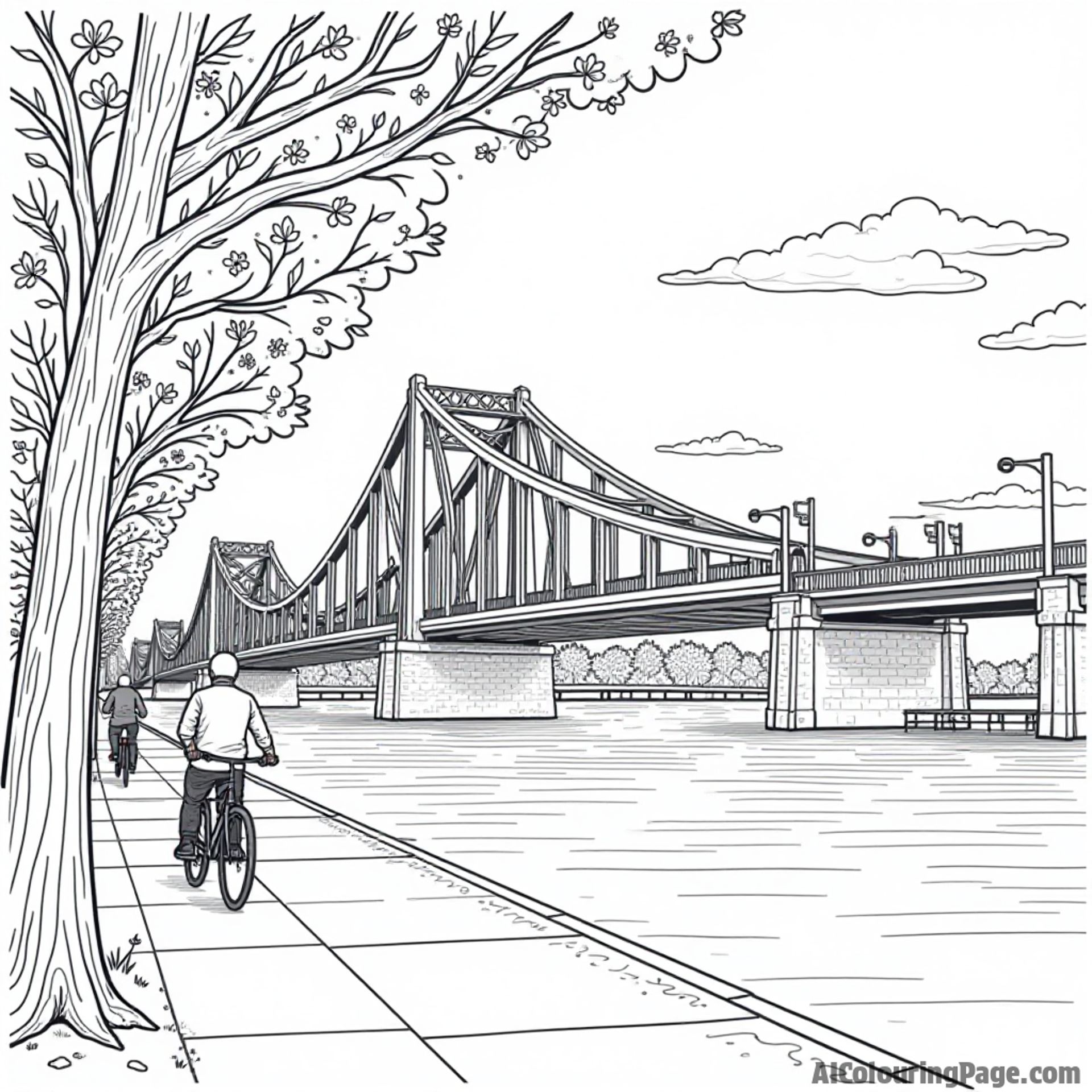 An iconic Portland bridge with bicycles passing by, blooming cherry blossom trees, and a sunset in the background, United States coloring pages.