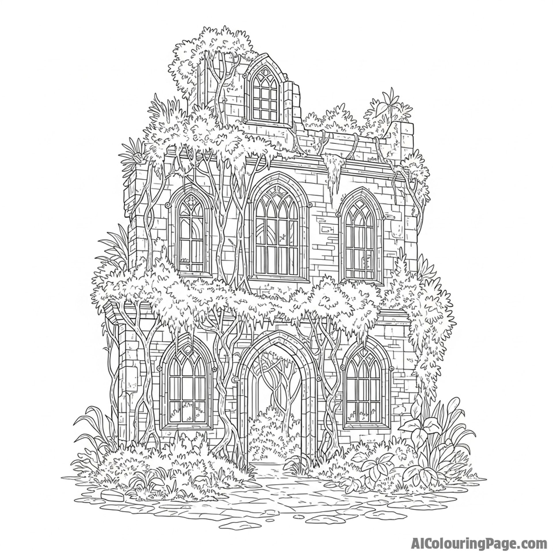 Dense vegetation covering completely overgrown ruins