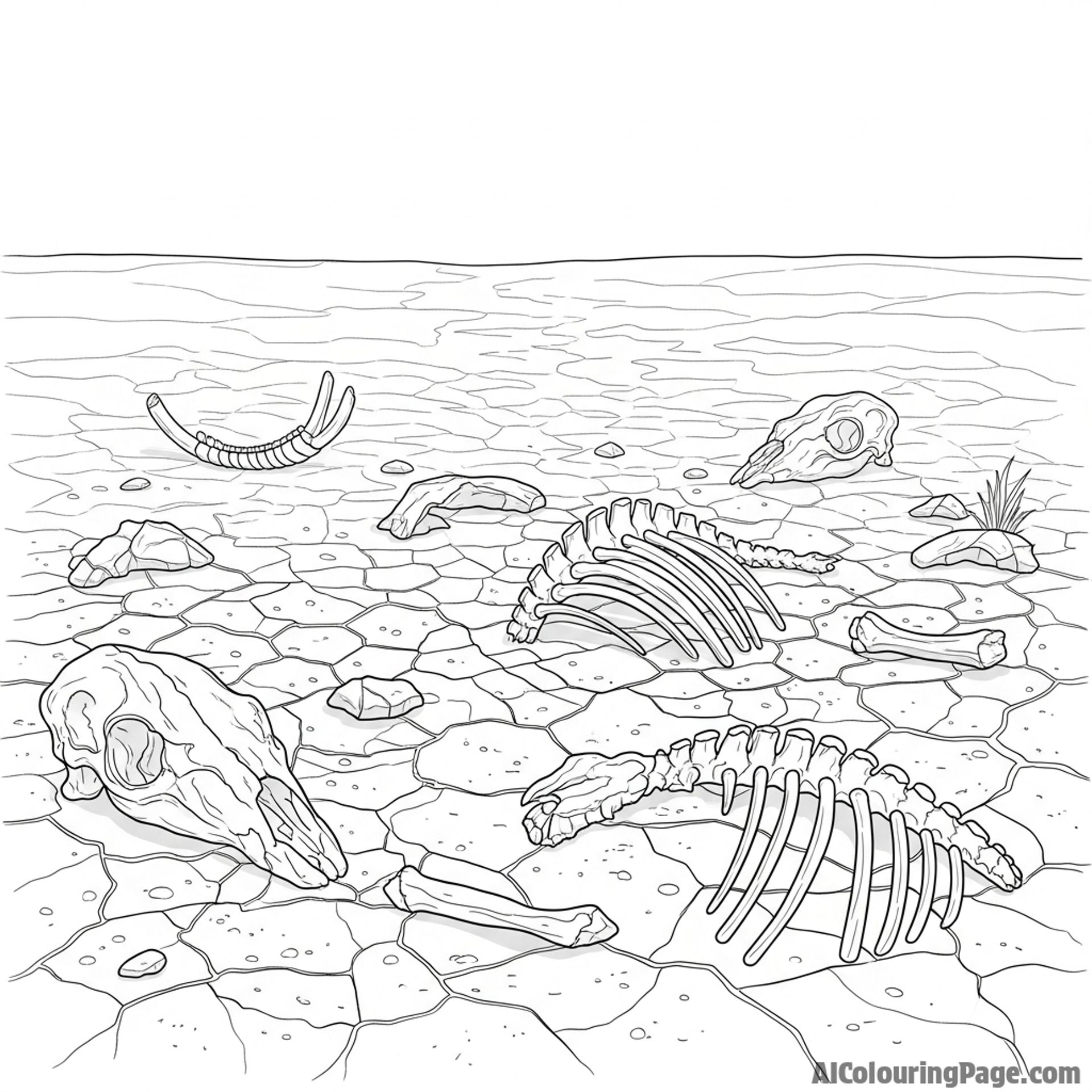 Cracked earth, ancient riverbed, bones bleached by the sun.