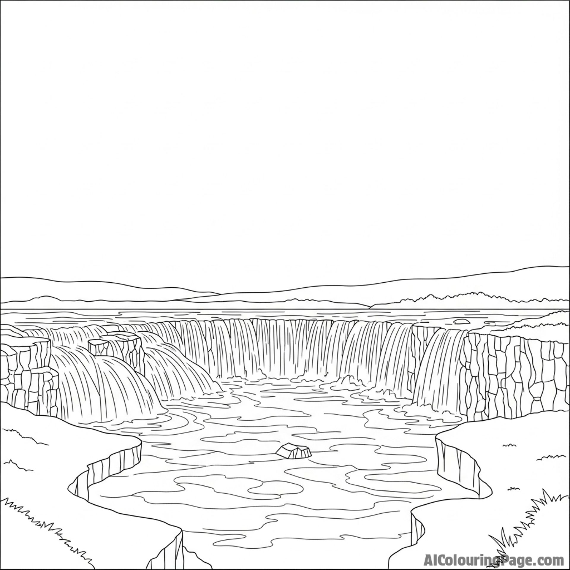 A wide, shallow waterfall spreading across a vast landscape.