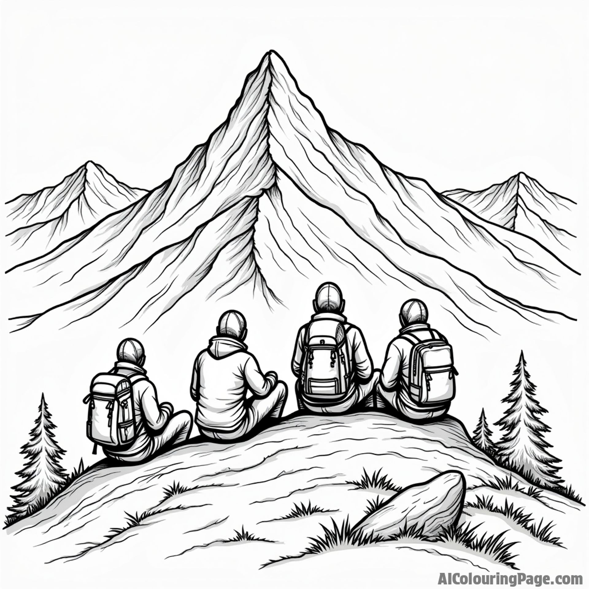 A group of hikers resting at the summit of a mountain.