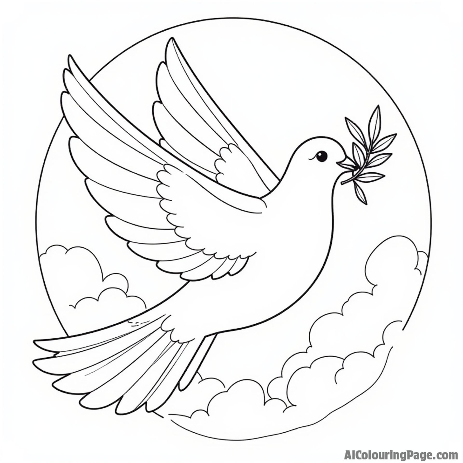 A dove with an olive branch in its beak, symbolizing peace, set against a simple sun and clouds backdrop.