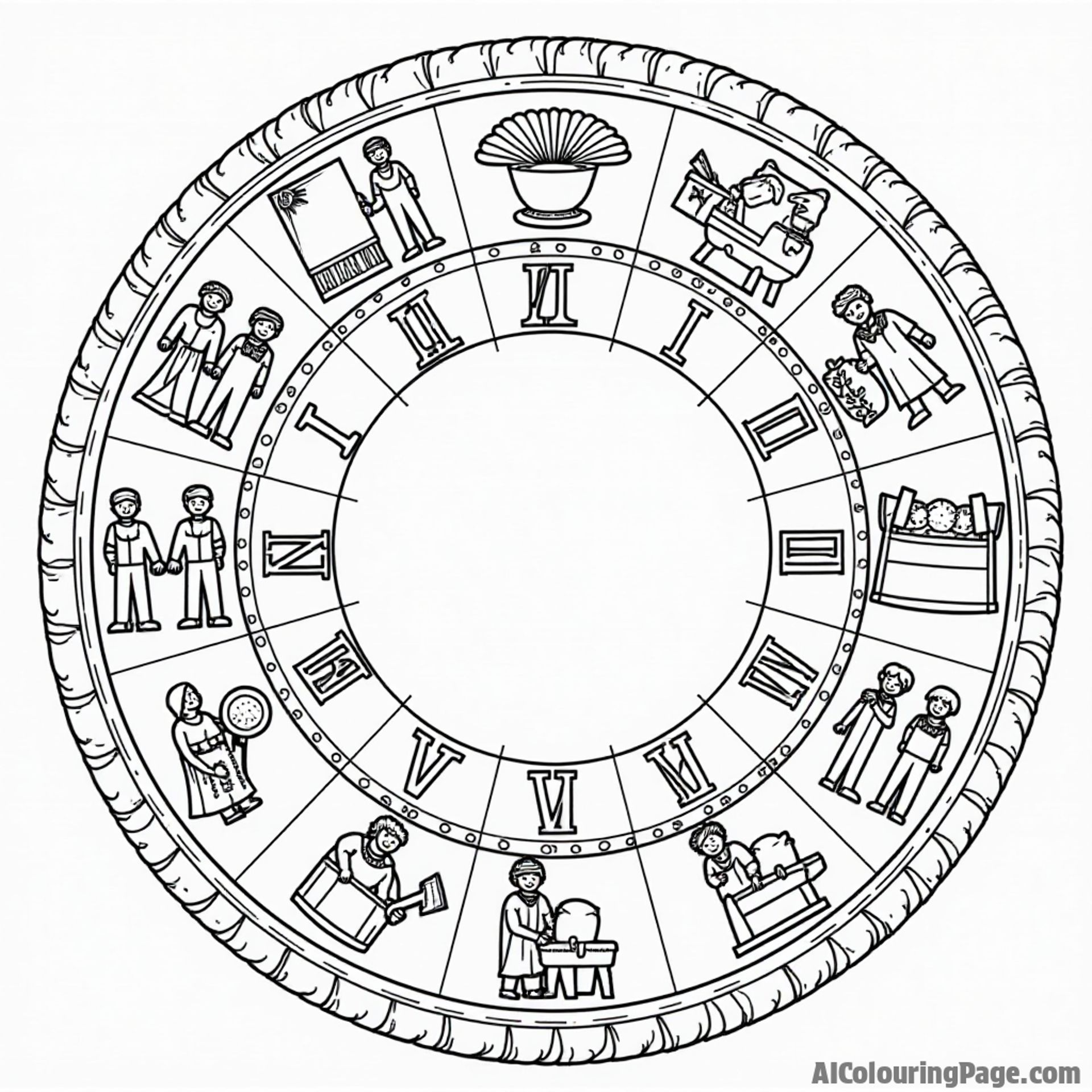 A Roman calendar with months represented by seasonal activities, such as harvest and festivals, providing a fun educational coloring page about ancient Roman timekeeping.
