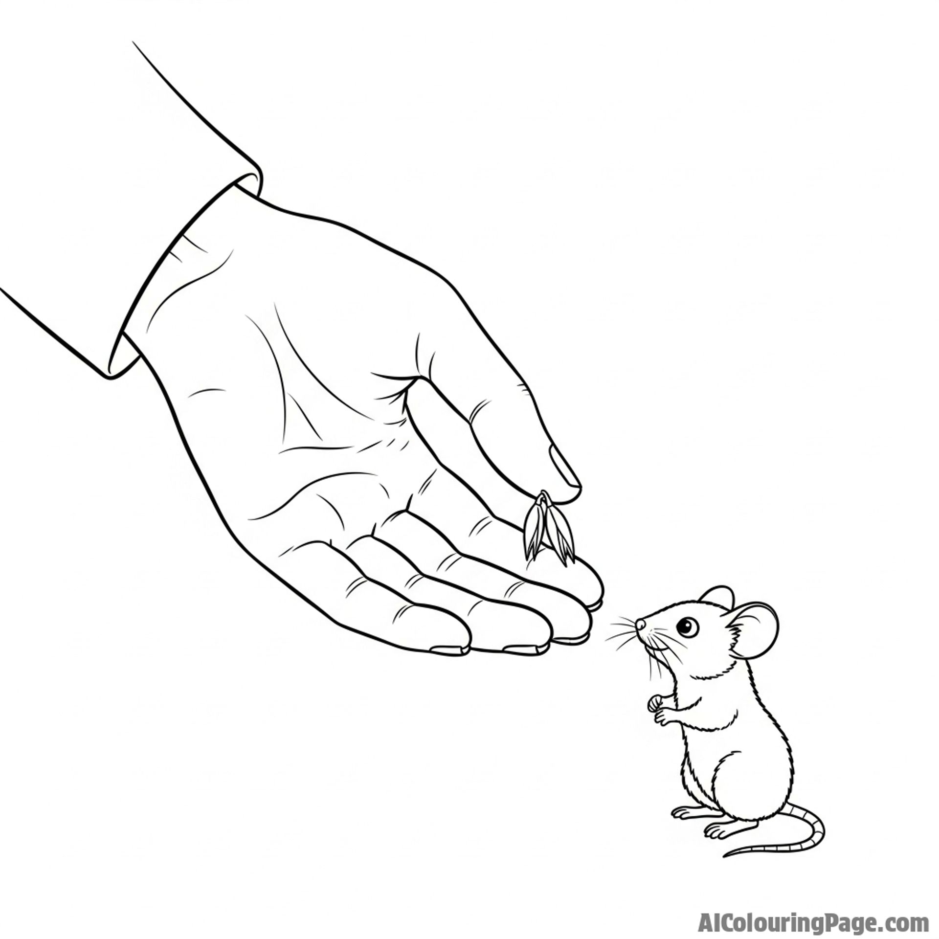 A large human hand gently offering a single oat to a timid mouse.