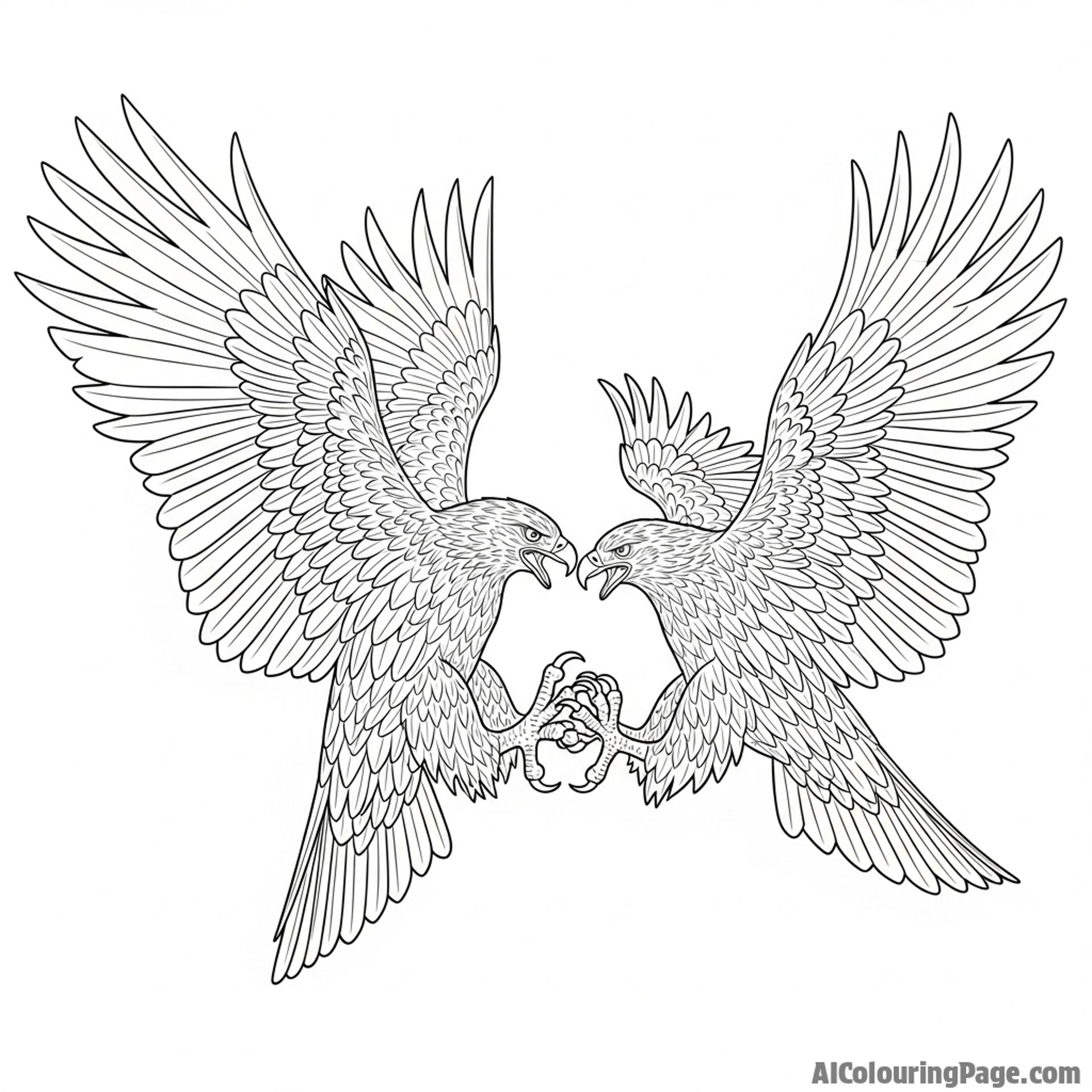 Two eagles in a mid-air territorial dispute, claws locked.