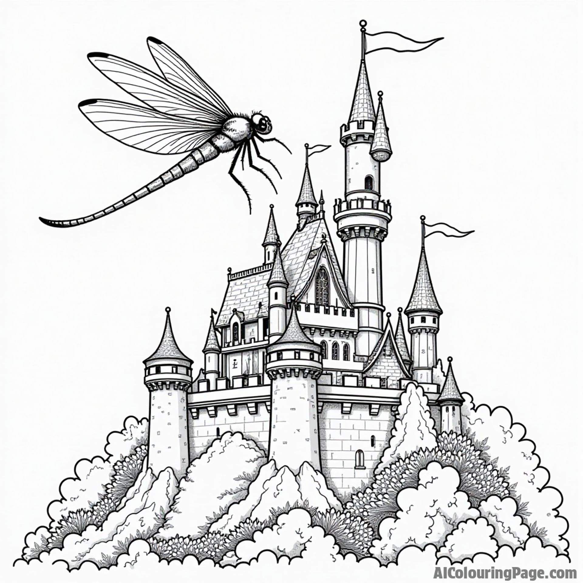 A dragonfly flying above a magical castle with towers and flags waving in the breeze, inspiring dreams and adventures.